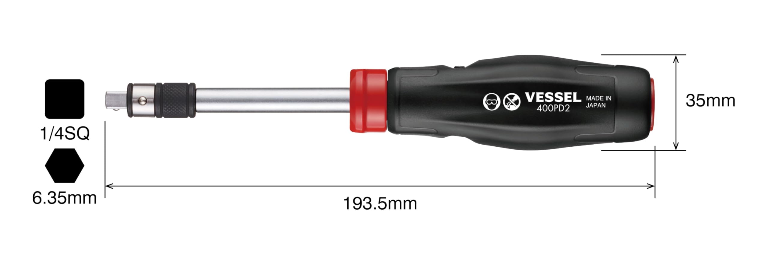 VESSEL 400PD2 side grip emphasizes ergonomic handle for comfortable, extended use.