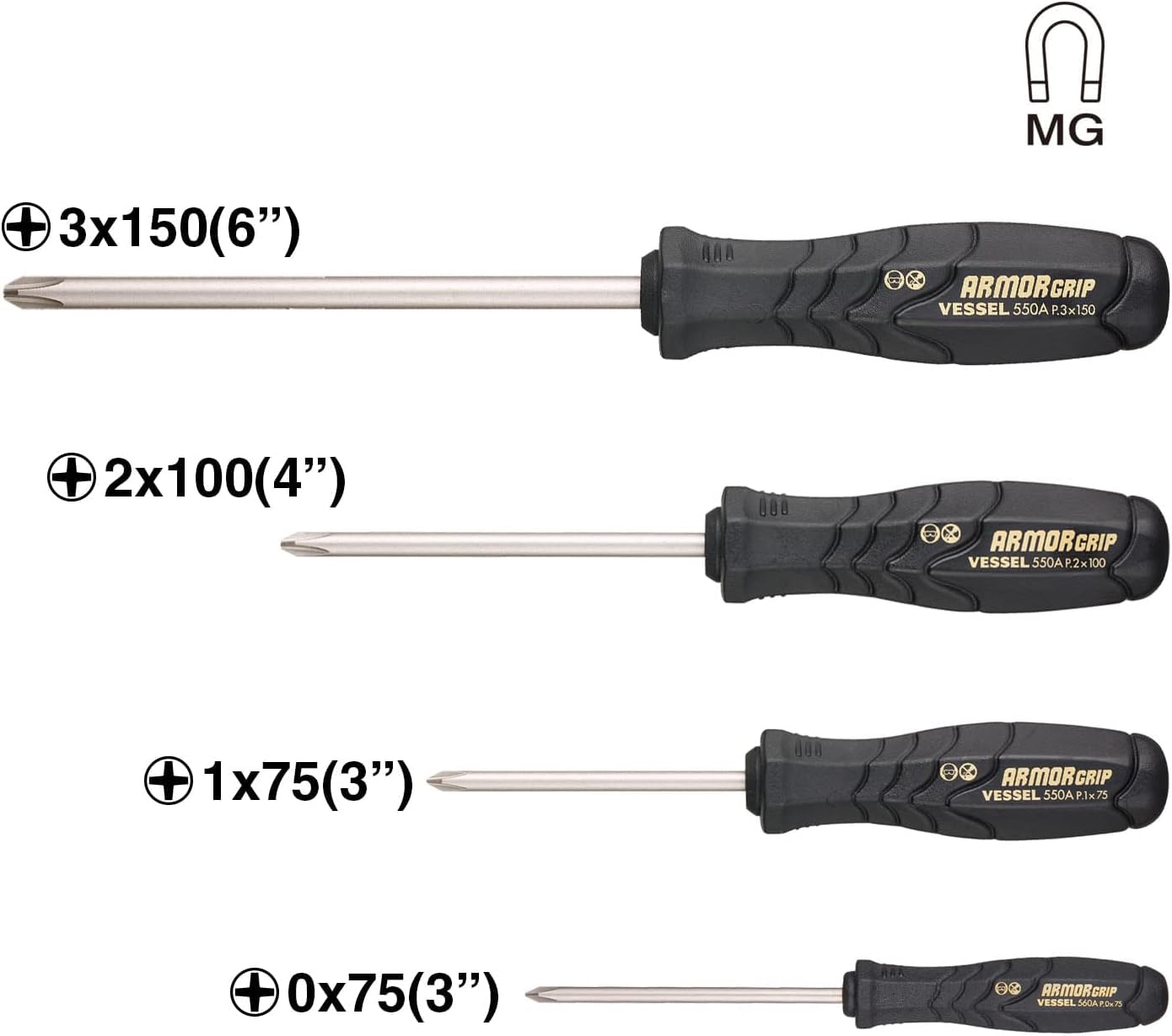 VESSEL Armor Grip nickel-plated magnetized tip resists corrosion and holds screws.