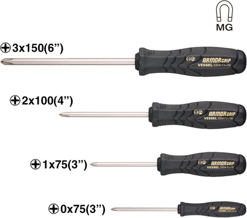 VESSEL Armor Grip nickel-plated magnetized tip resists corrosion and holds screws.