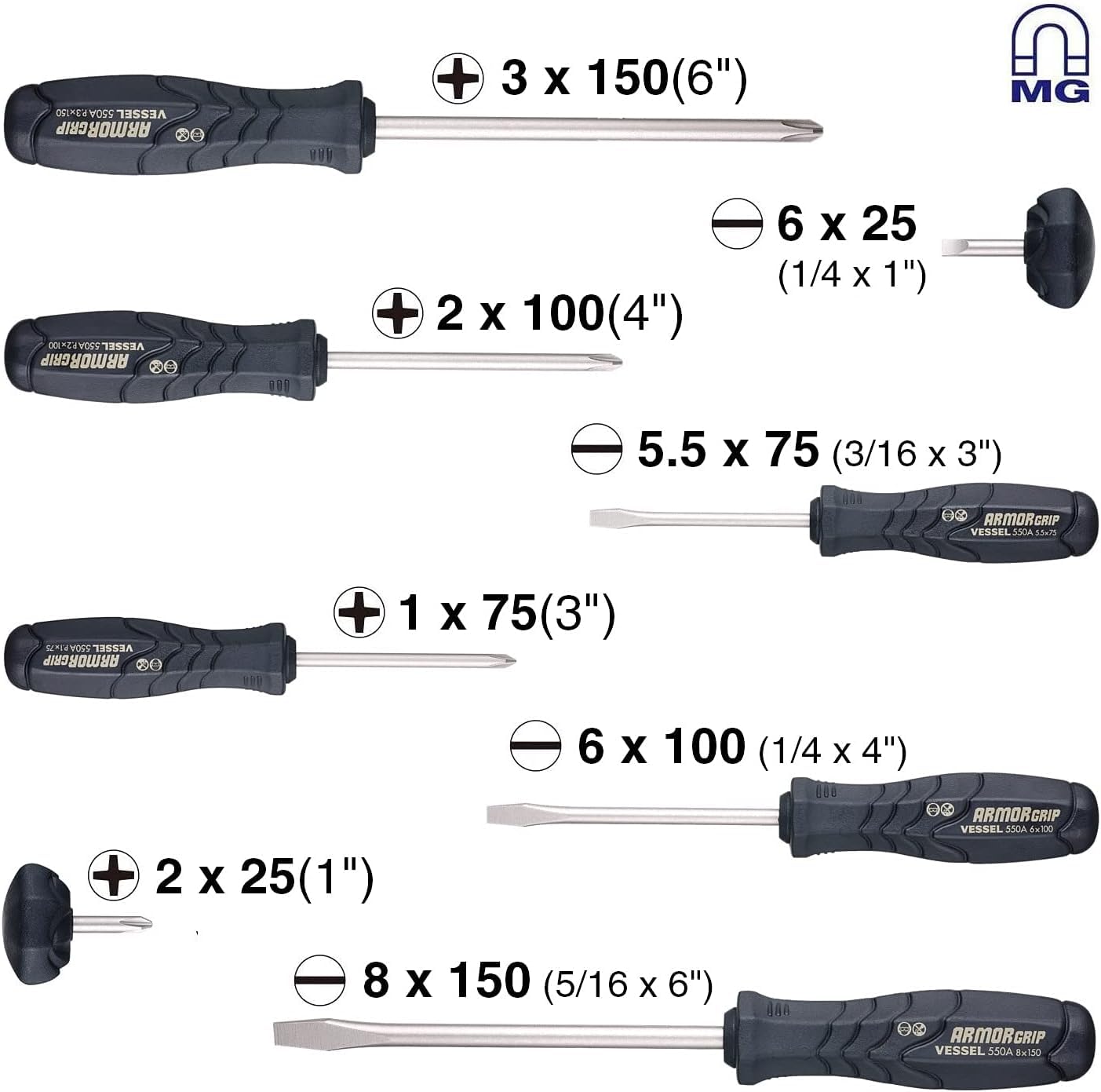 VESSEL Armor Grip bit collection shows precision machining for JIS-drive screws