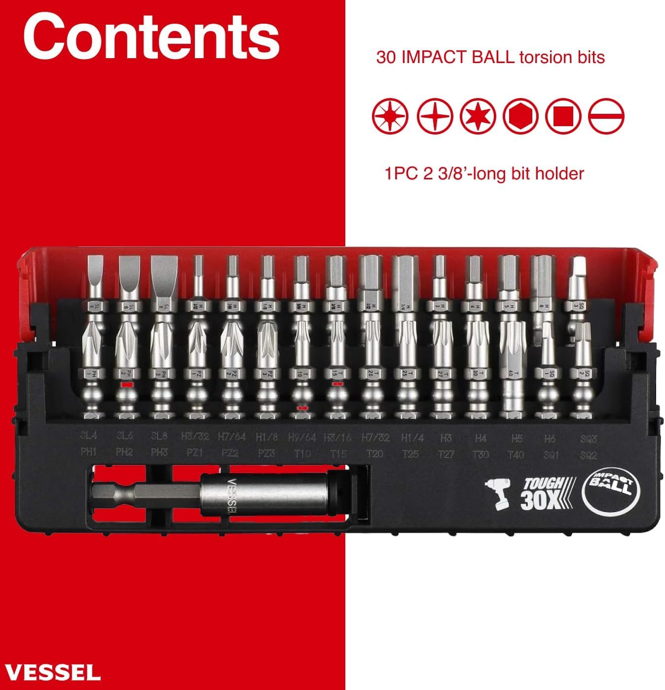 VESSEL Impact Ball includes wide range of screw head sizes