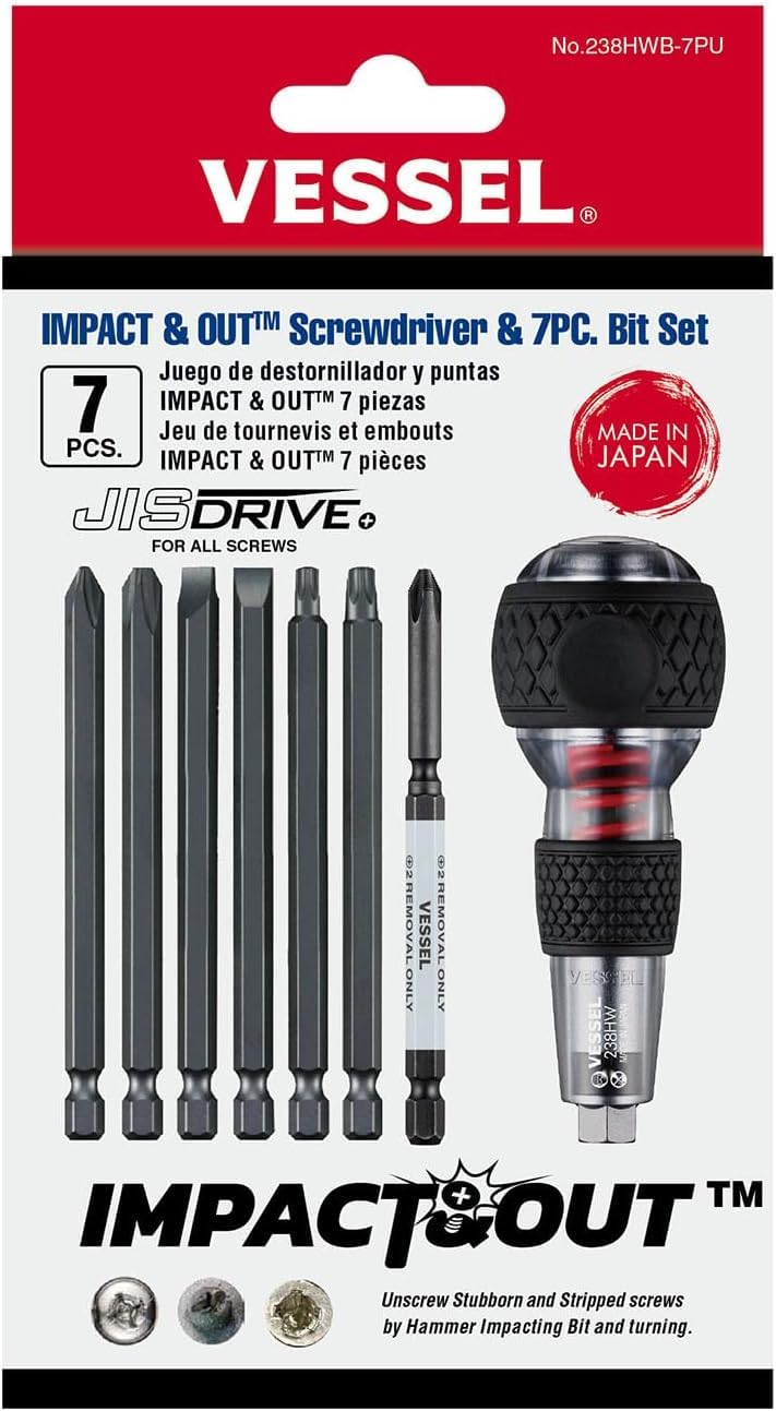 VESSEL Impact & Out Screwdriver with hammer-cap for controlled hammer strikes.