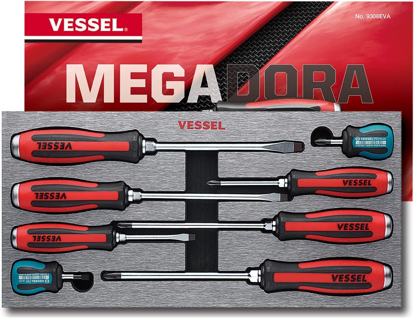 VESSEL MEGADORA 8-piece Tang-Thru set with 9308EVA for precise, durable screwdriving.