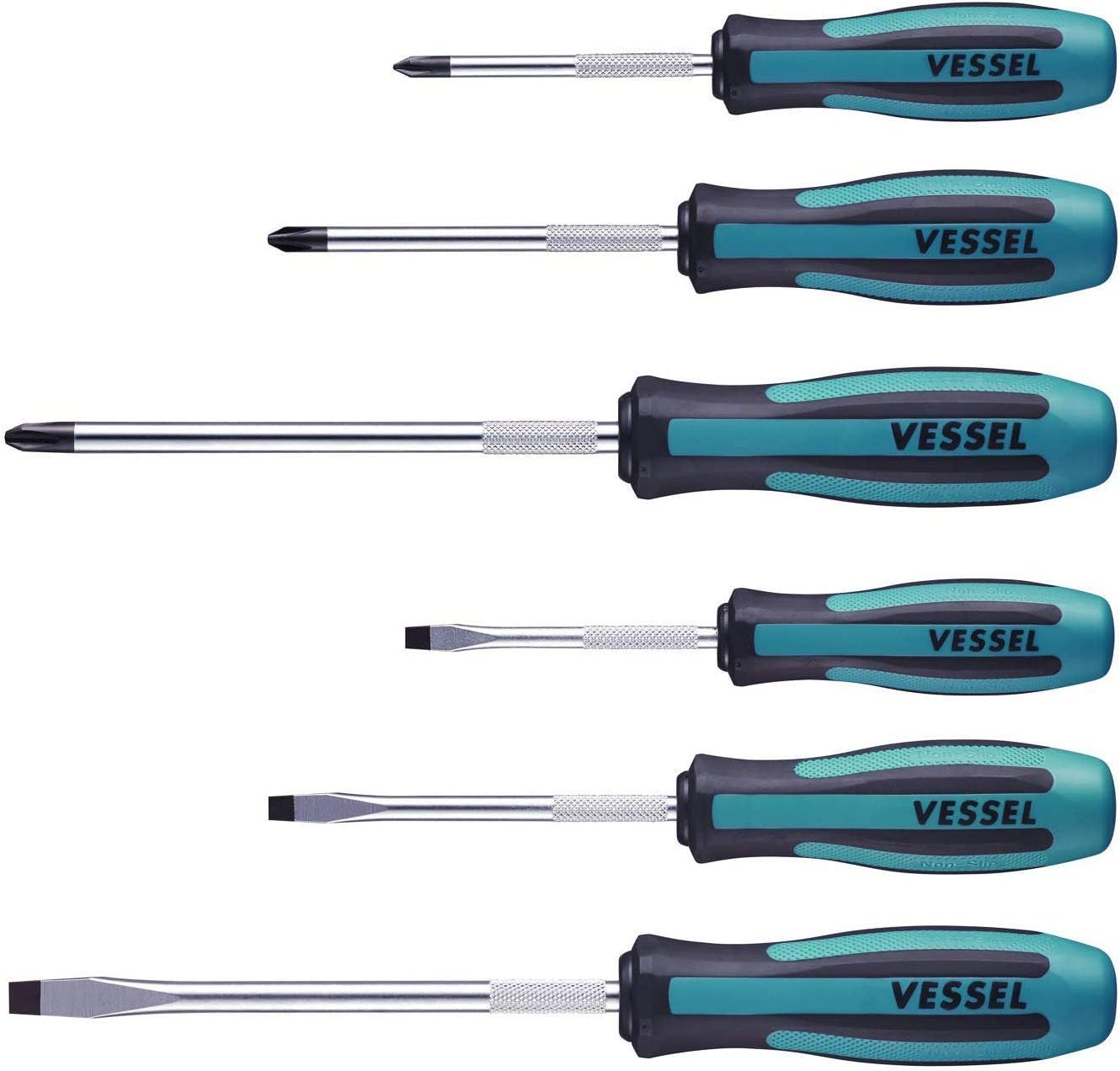 VESSEL Megadora paper box packaging for six-piece screwdriver set.