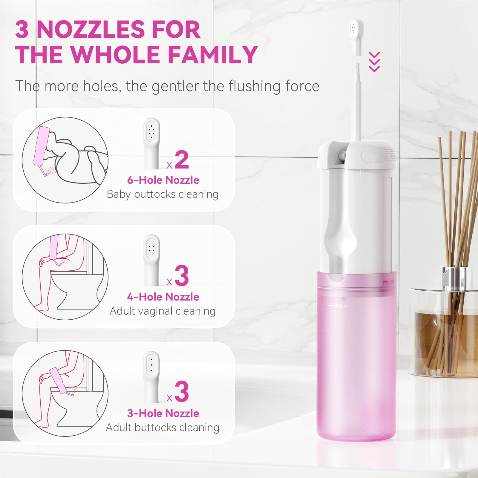 Vetance bidet nozzle close-up showing replaceable options for personalized care.