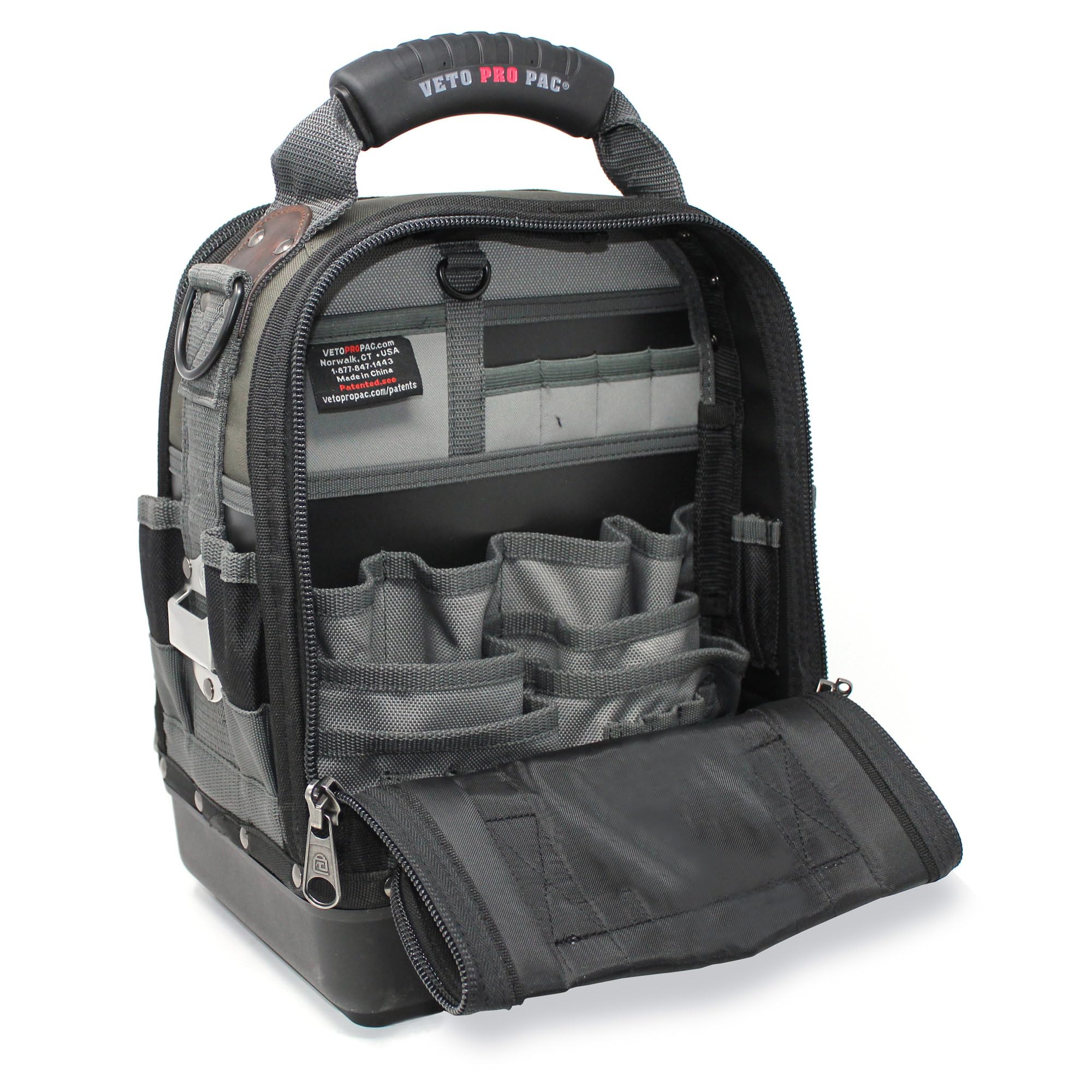 VETO Pro Pac Tech-MCT bag side bay open showing tool organization.