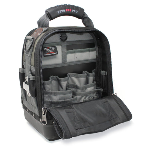 VETO Pro Pac Tech-MCT bag side bay open showing tool organization.