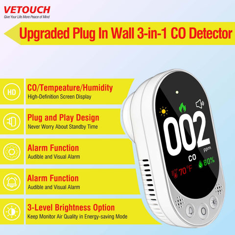 VETOUCH CO detector 3-in-1 monitor displays CO, temperature, and humidity for better indoor awareness.