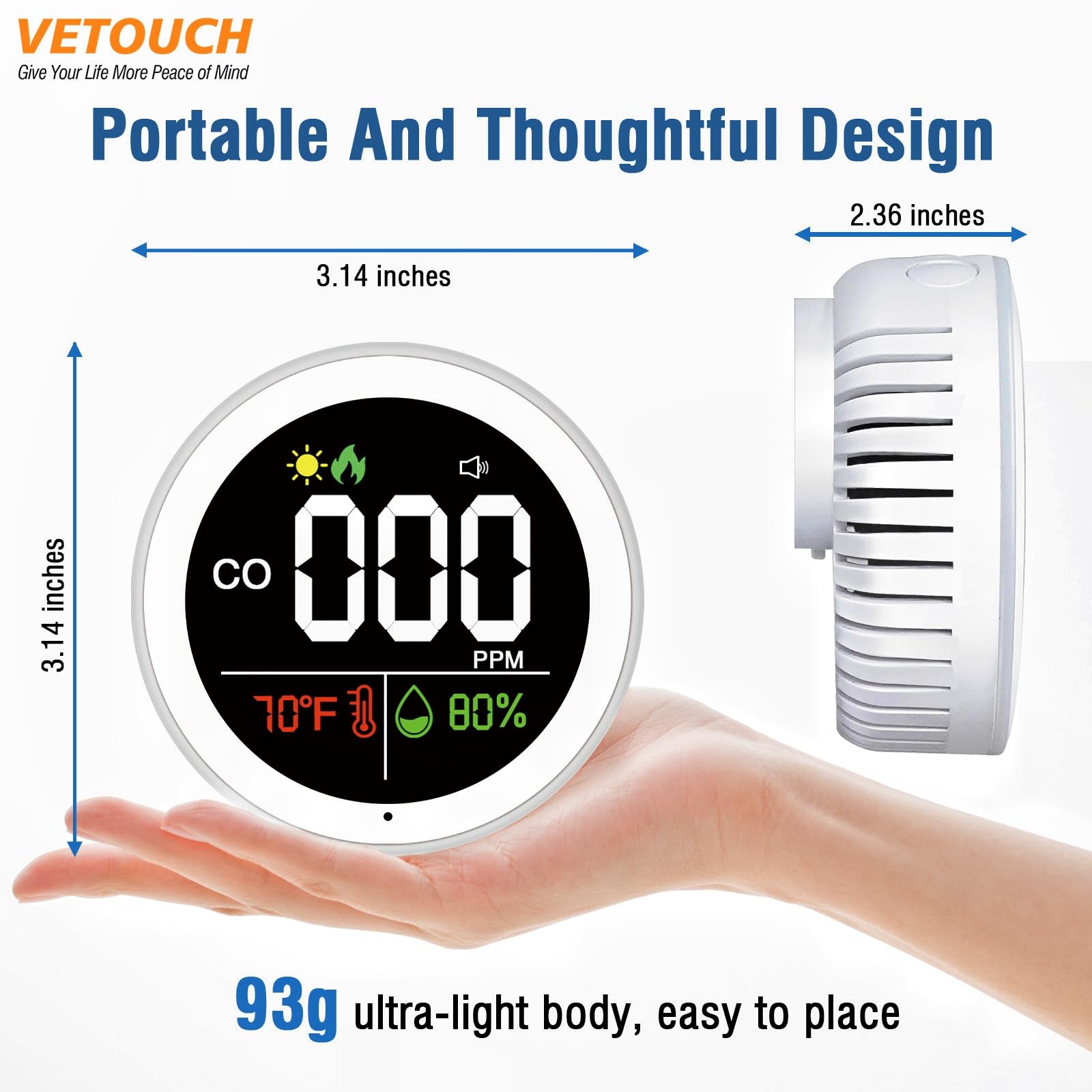 VETOUCH CO detector 85dB alarm provides clear alerts