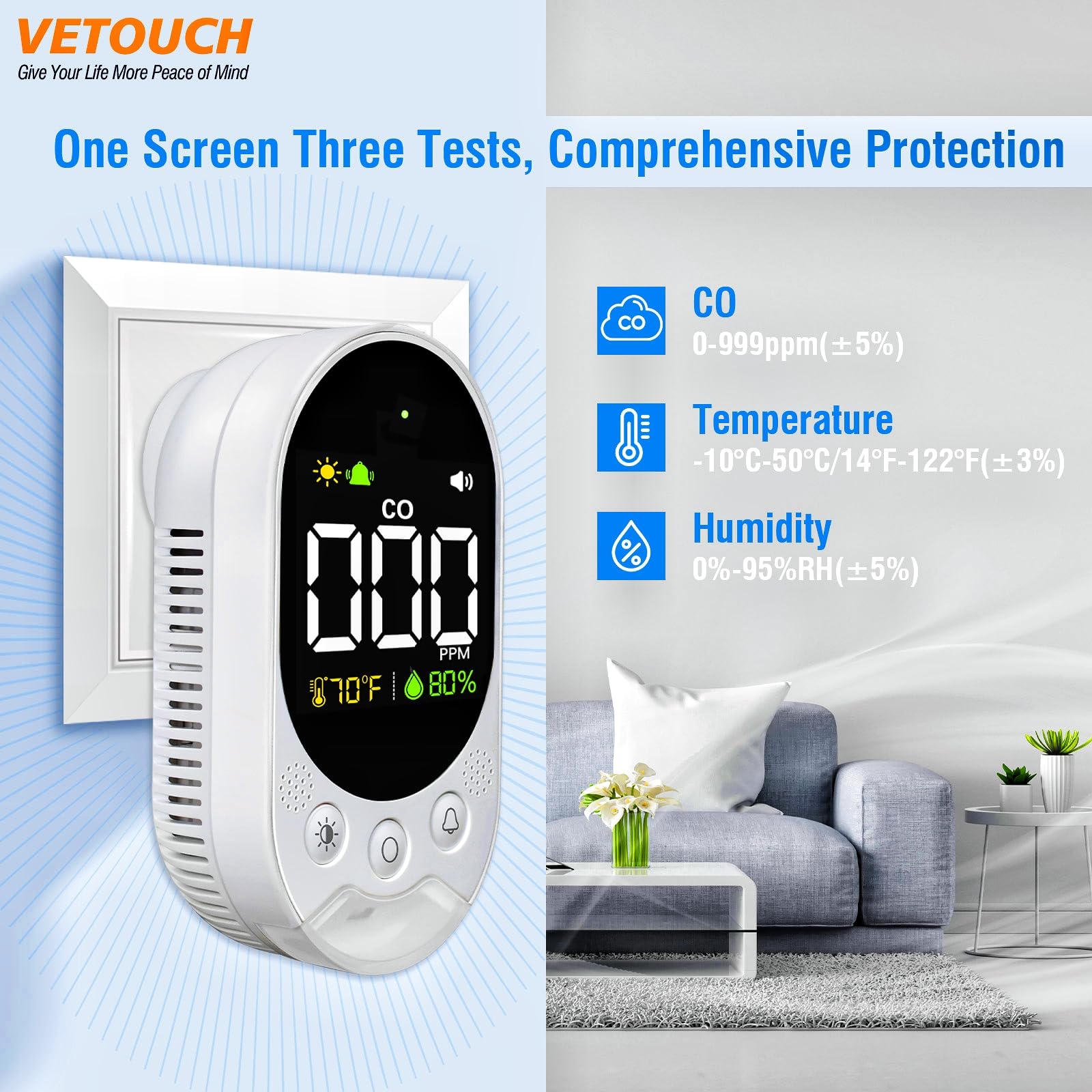 VETOUCH CO detector battery backup keeps monitoring during outages.