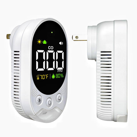 VETOUCH CO detector display with real-time readings for CO, temperature and humidity.