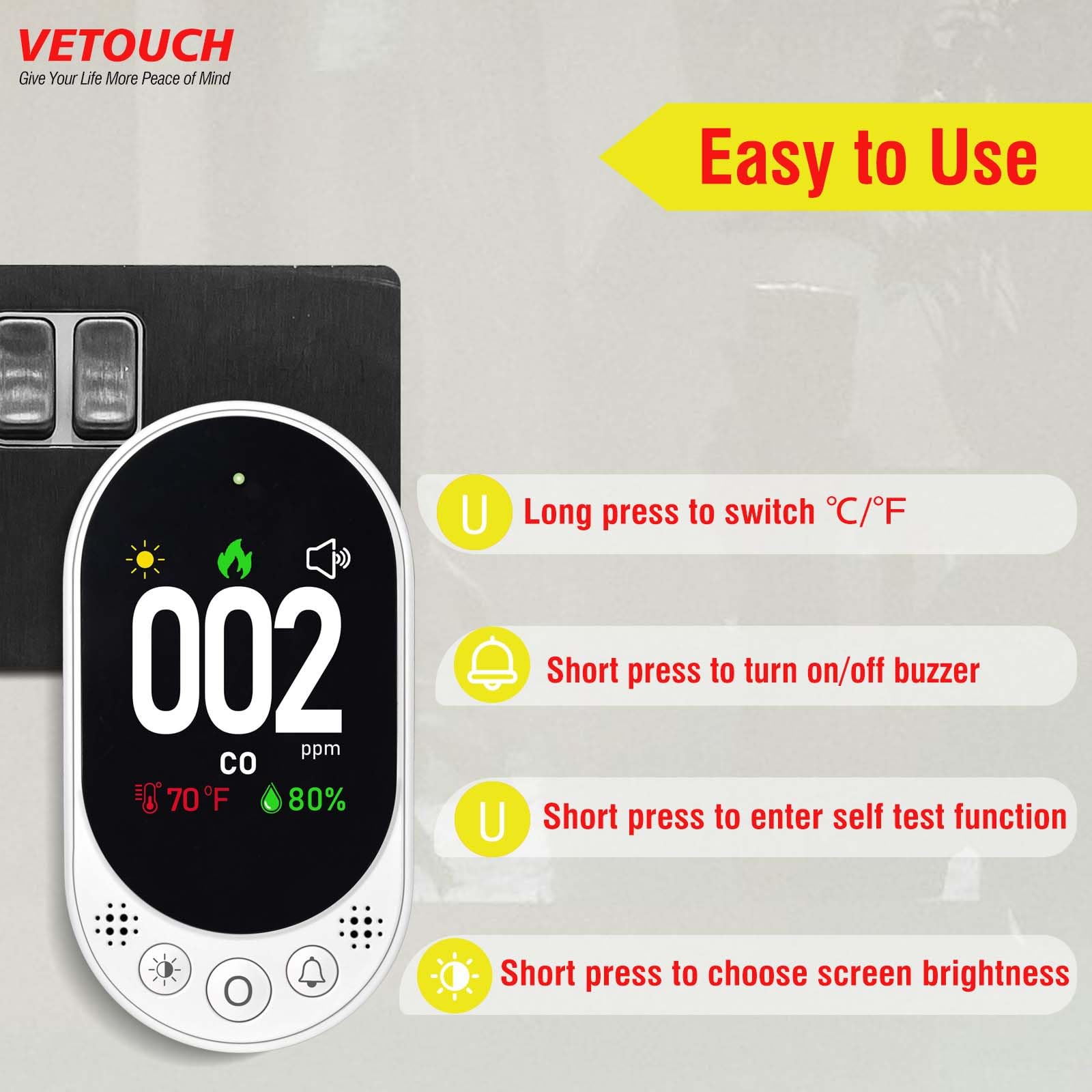 VETOUCH updates every 2 seconds for rapid CO reading changes.
