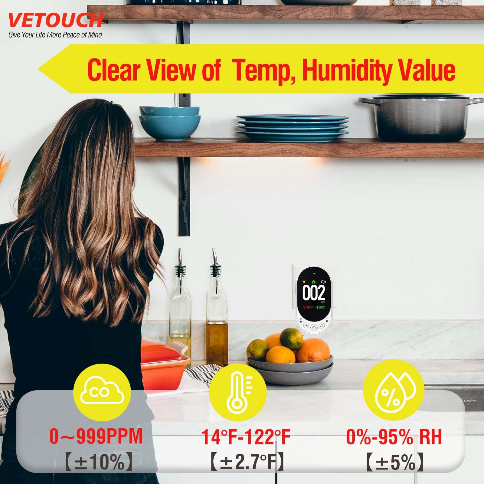 VETOUCH detector with intuitive controls for brightness and measurement units.