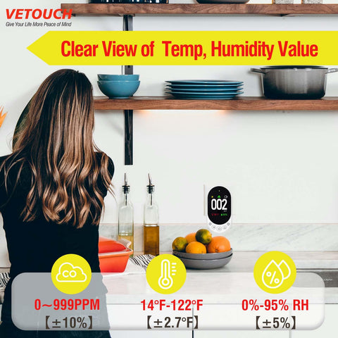VETOUCH detector with intuitive controls for brightness and measurement units.