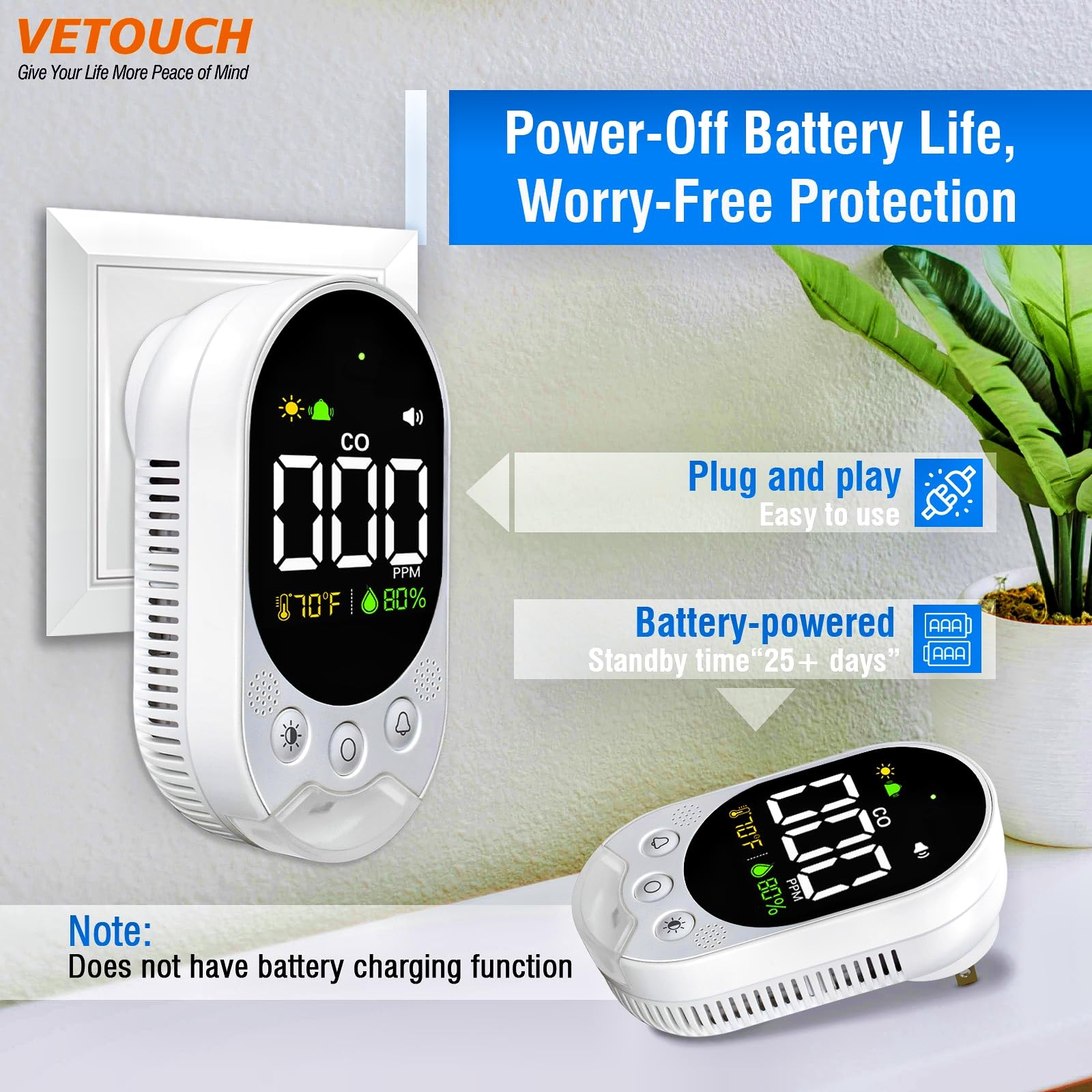 VETOUCH CO detector delivers accurate CO readouts with fast two-second updates.