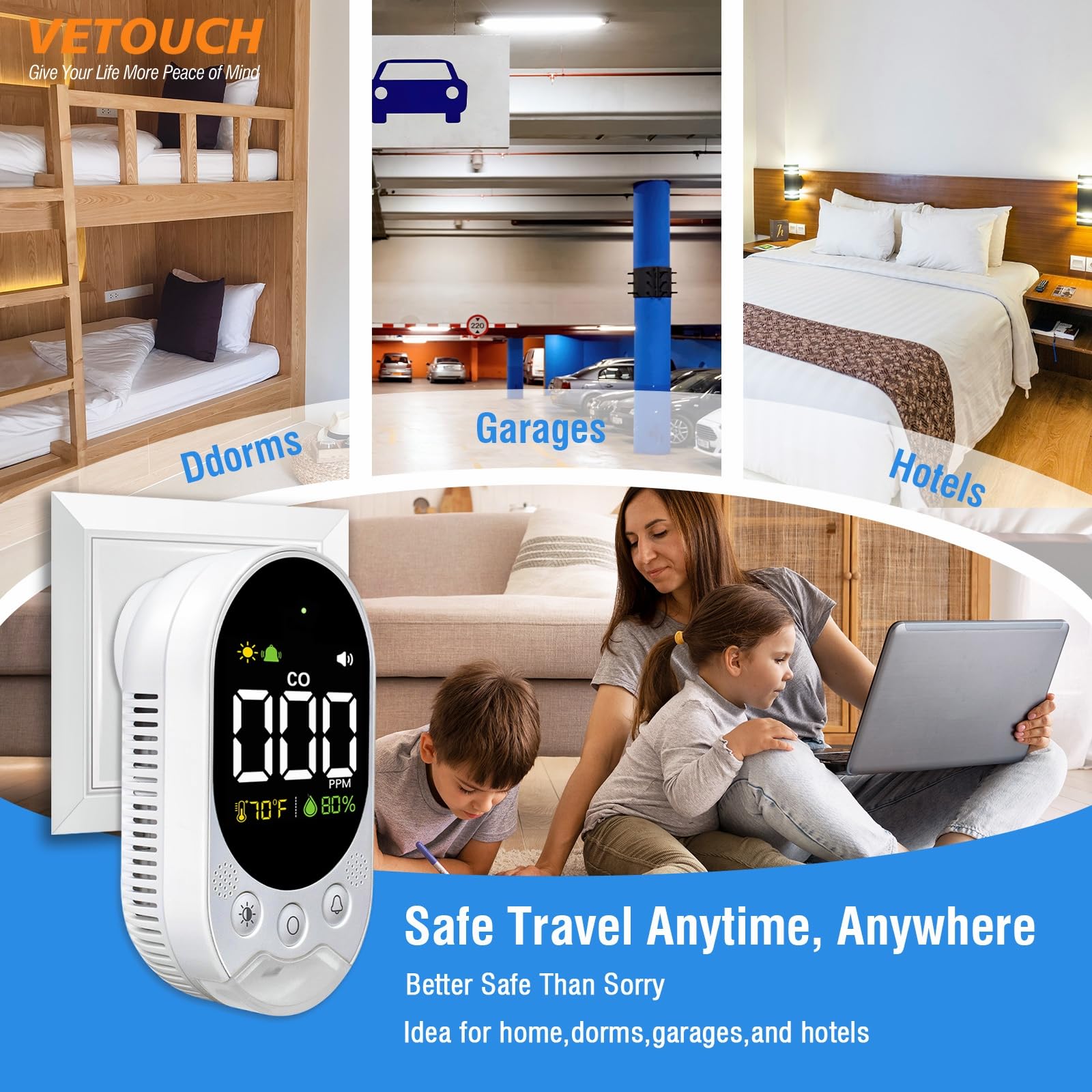 VETOUCH CO detector status indicators show battery and sensor health at a glance.