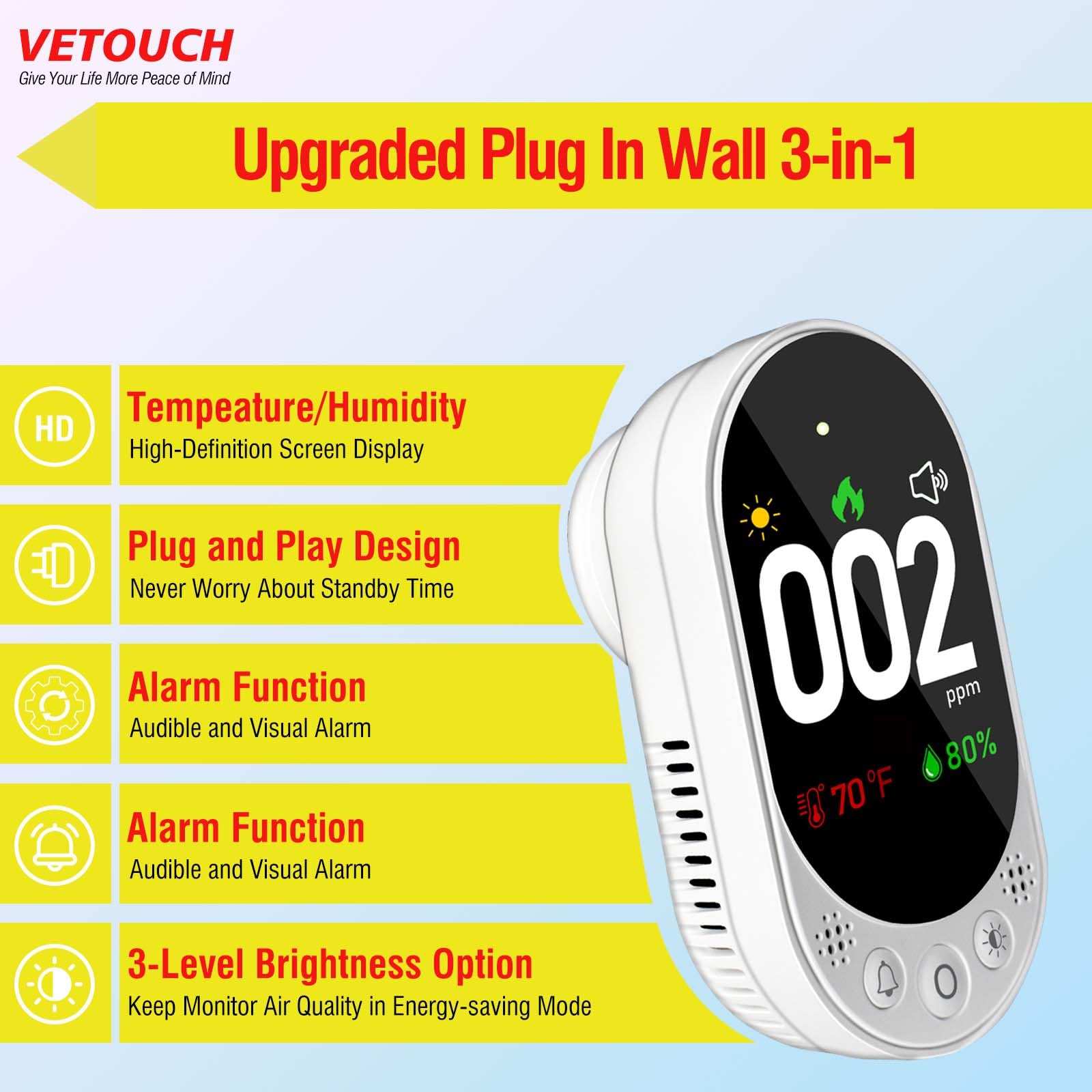 VETOUCH three-in-one sensor shows CO, temperature, and humidity at a glance.