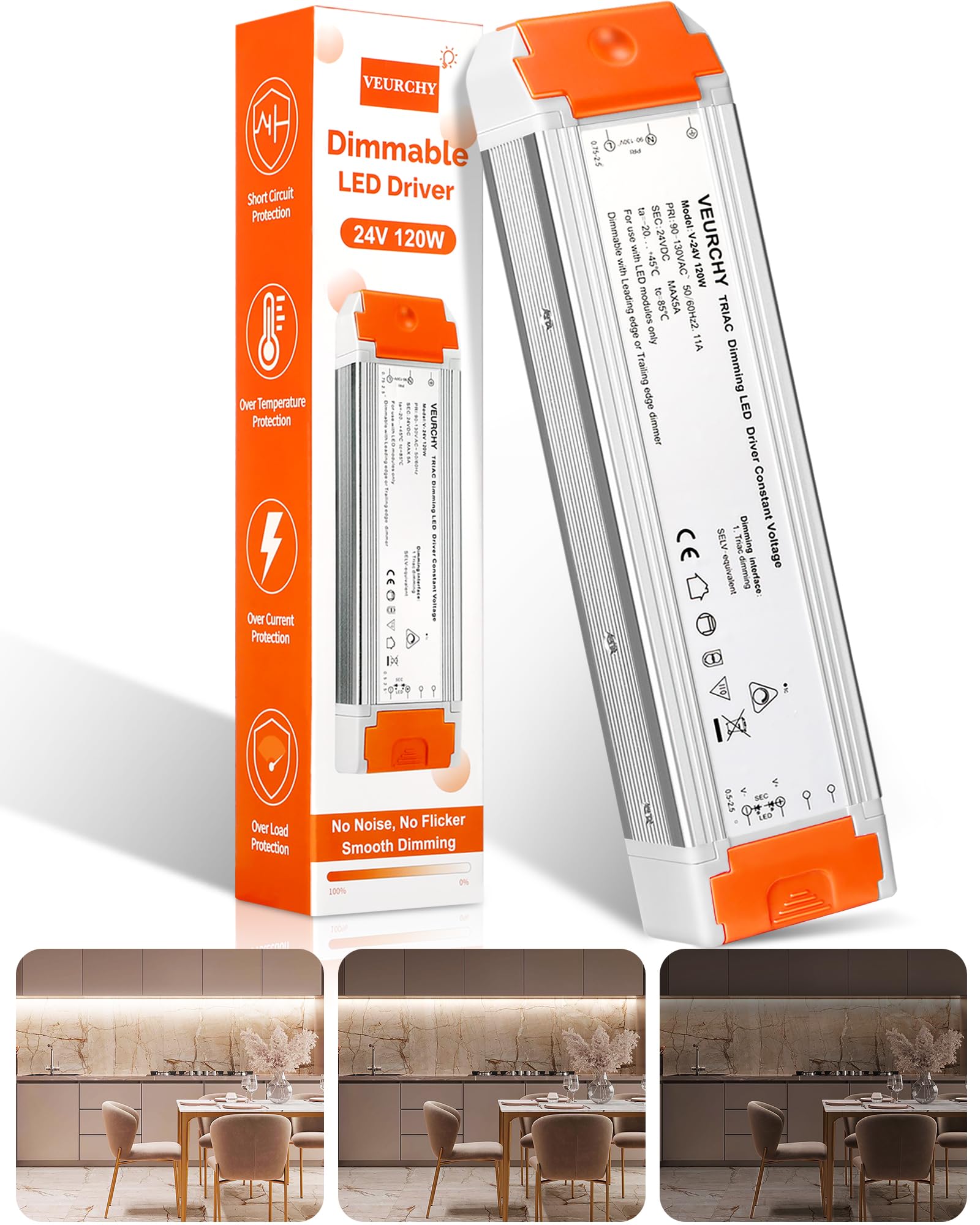 VEURCHY 120W 24V dimmable LED driver front view ideal for integrated lighting