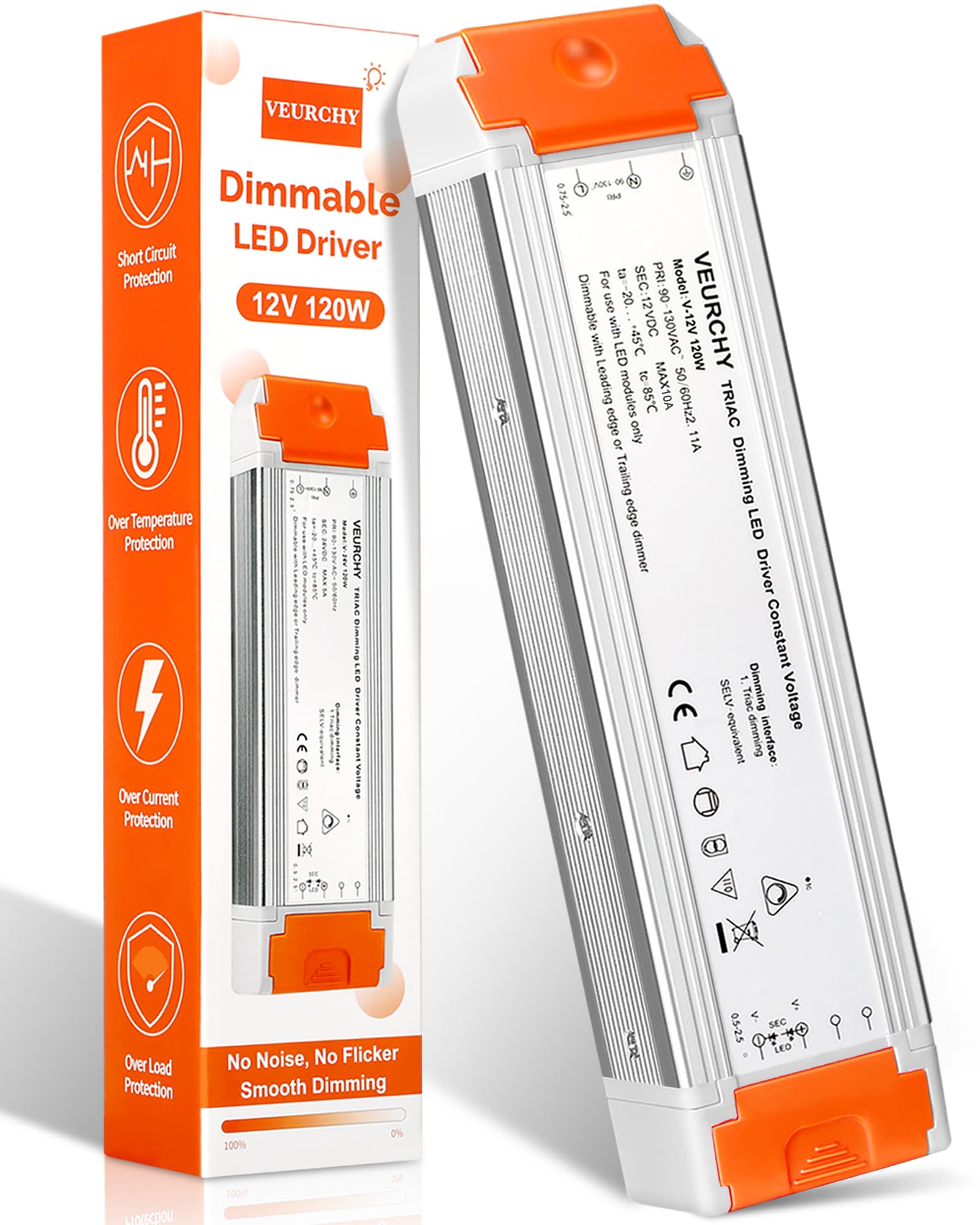 VEURCHY 120W LED driver, 12V dimmable, for smooth lighting control and versatility.