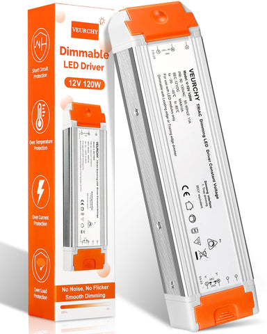 VEURCHY 120W LED driver, 12V dimmable, for smooth lighting control and versatility.