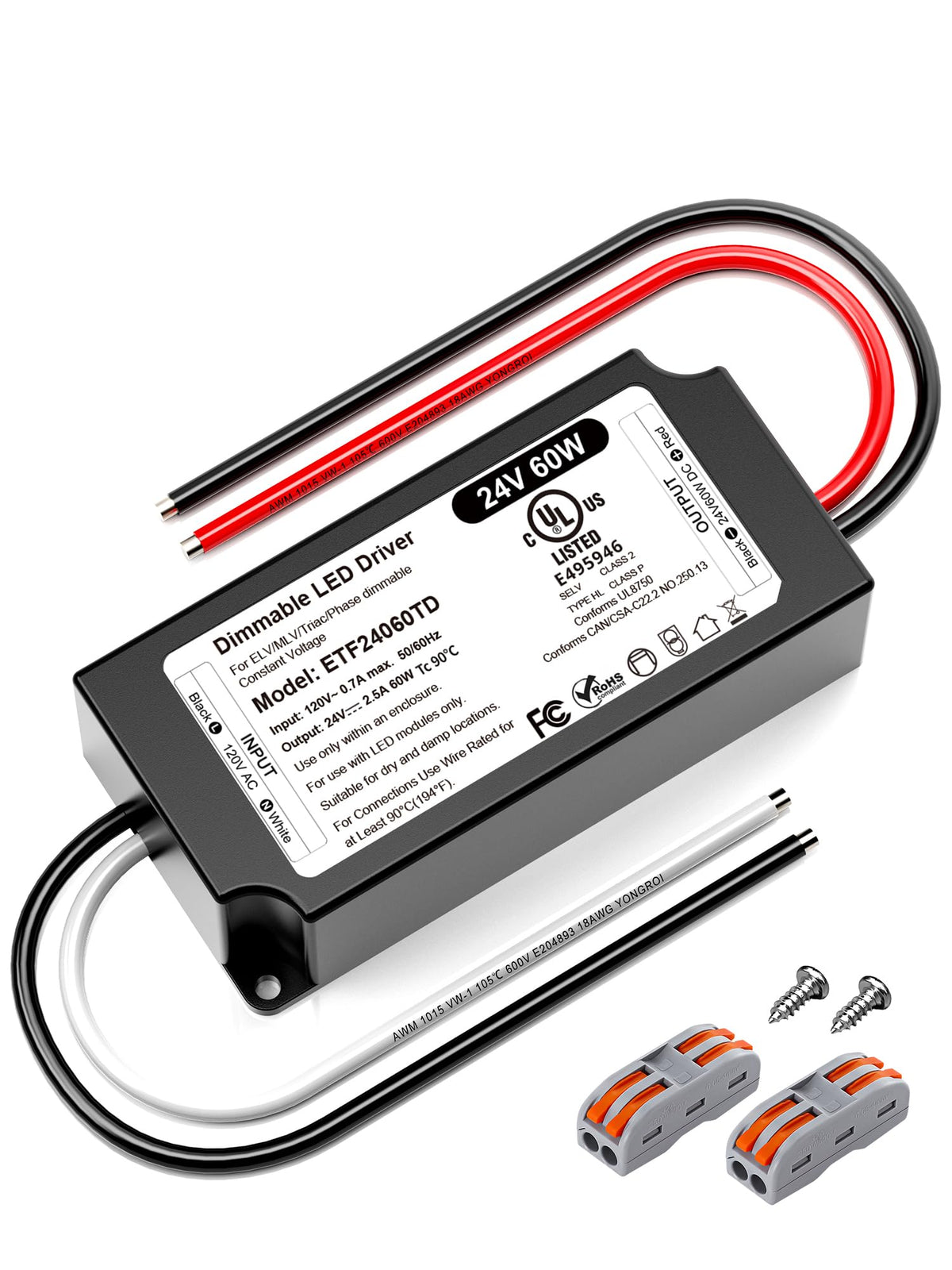 VEURCHY 24V dimmable driver front view for easy under-cabinet installation