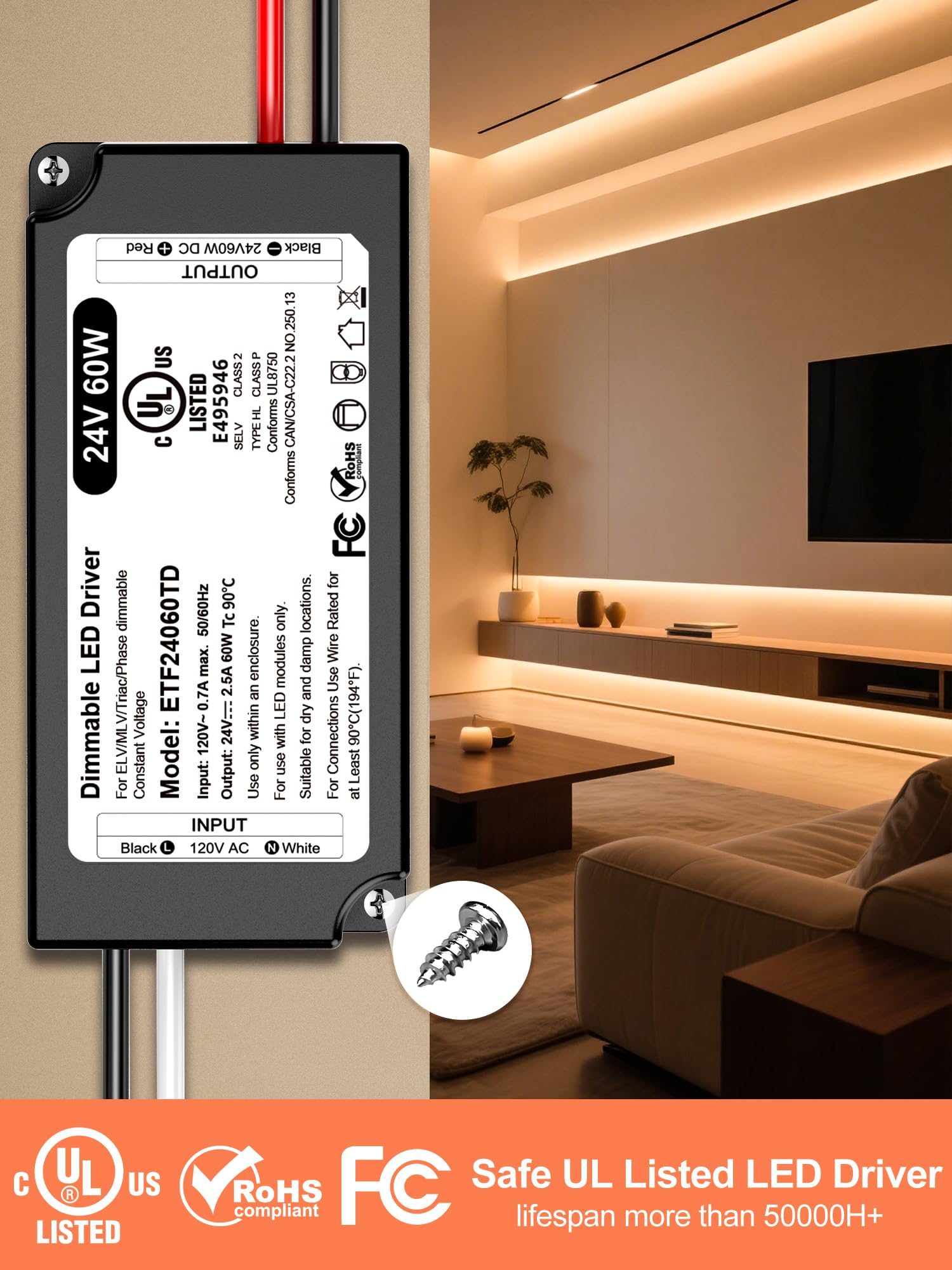 VEURCHY 60W 24V dimmer label confirms power rating for planning