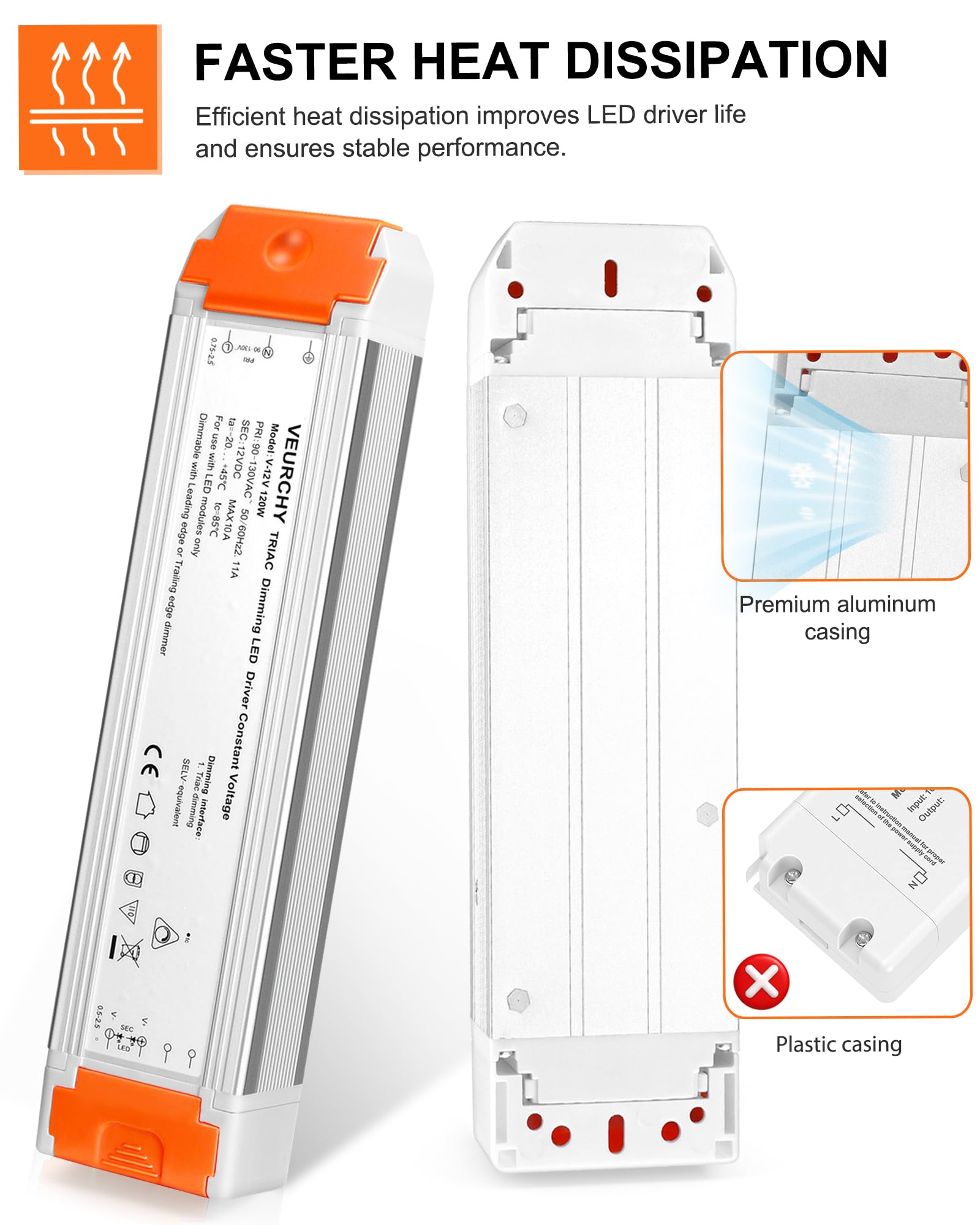 VEURCHY aluminum-casing LED driver with durable cooling for longevity.