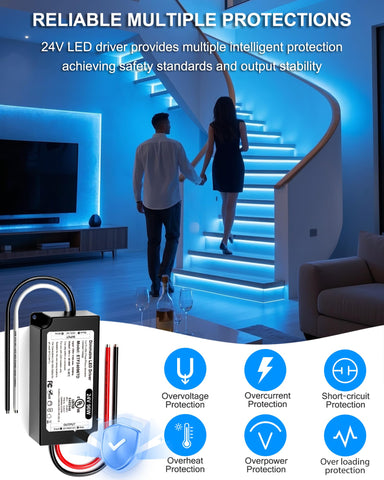 VEURCHY 24V driver supports multiple fixtures including strips, pendants, and ceiling lights.