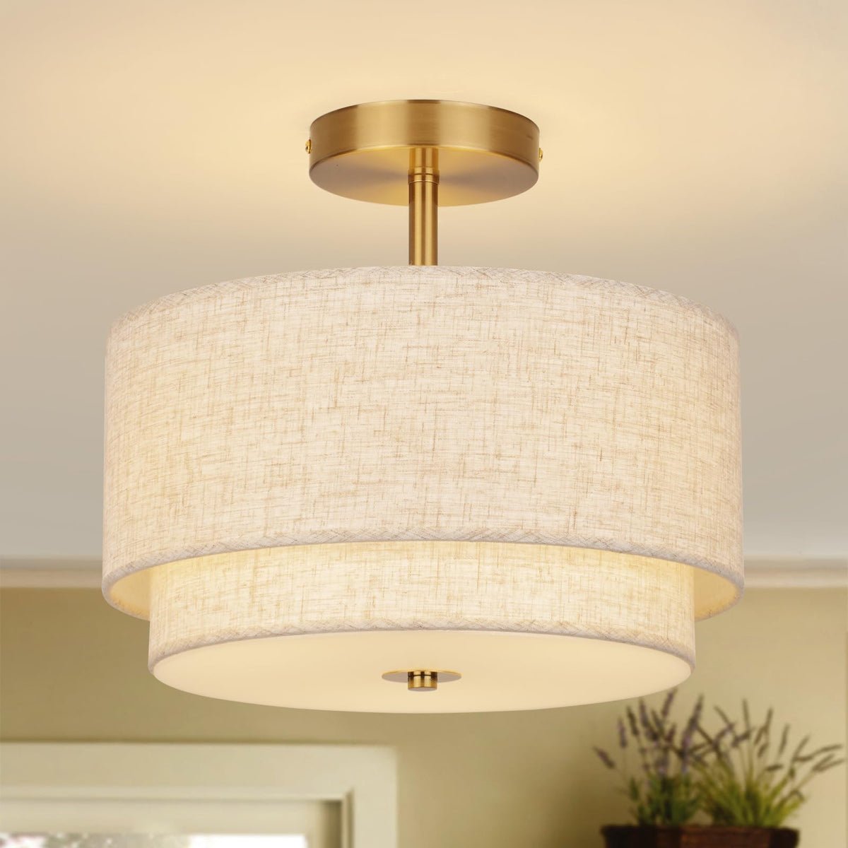 Vexagyle semi flush mount gold finish close-up showing two-layer linen shade for elegant lighting.