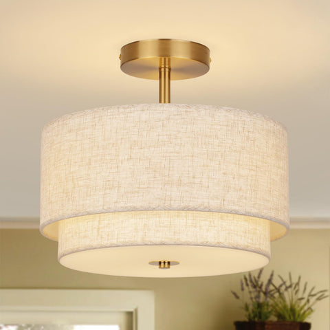 Vexagyle semi flush mount gold finish close-up showing two-layer linen shade for elegant lighting.