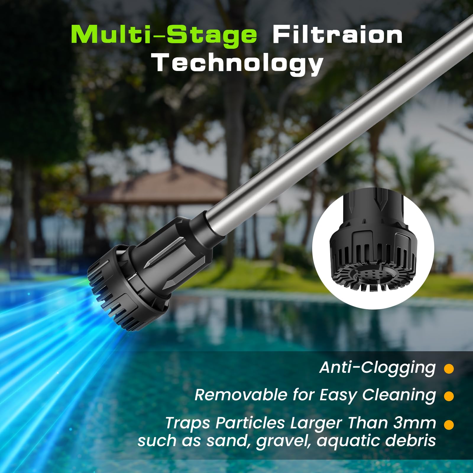 Vexalify removable filtration system prevents clogs during pumping.