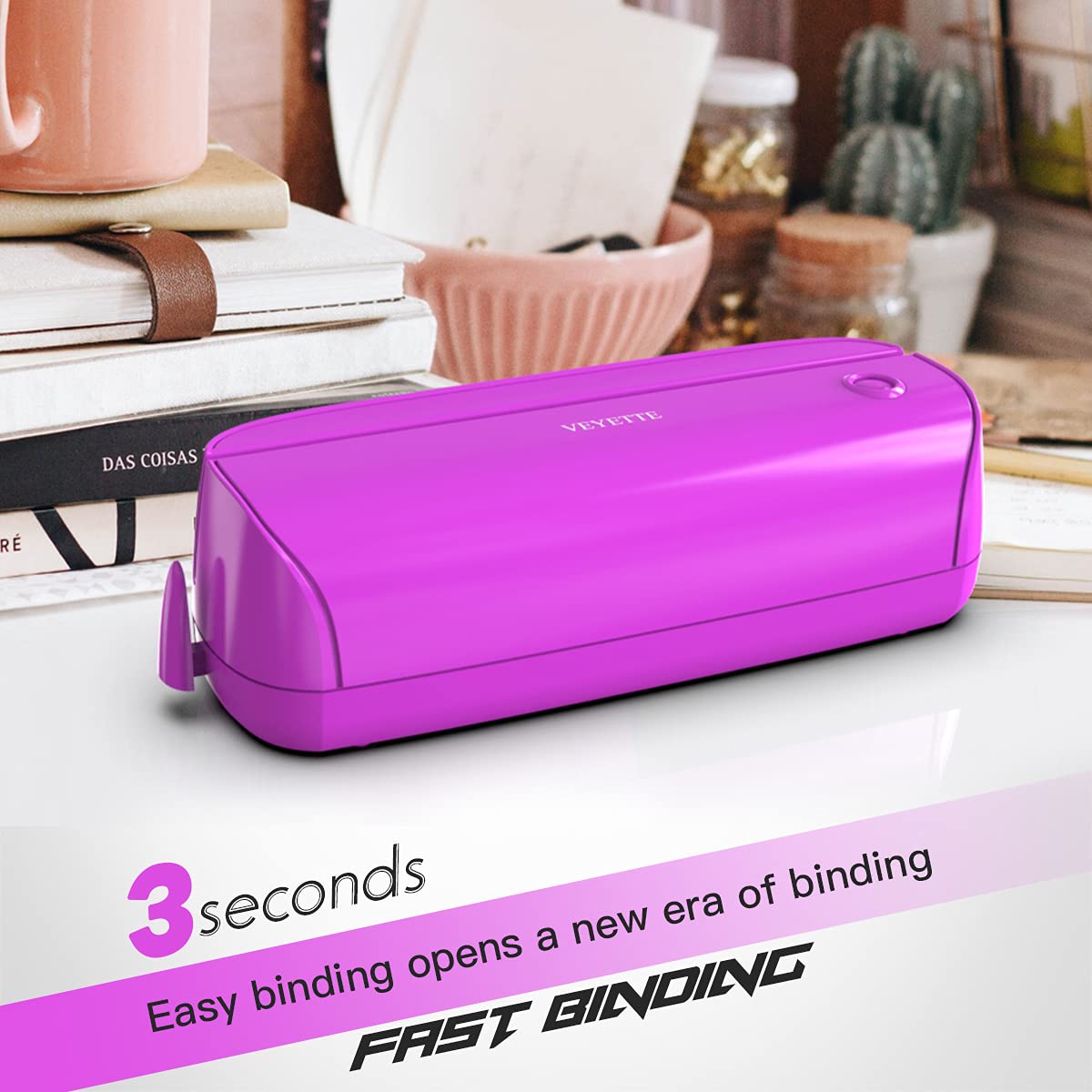 VEYETTE Electric 3-hole paper punch side view highlighting compact footprint.