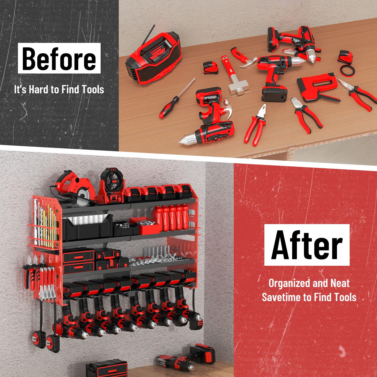 VeyFolzin.st eight cordless drill slots organize batteries securely in the bottom tier.