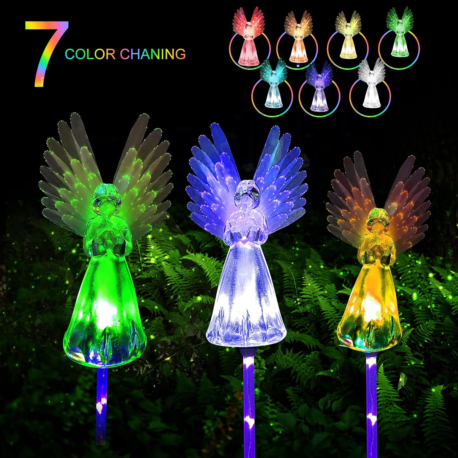 VGE Solar Angel Light with color-changing LEDs transitioning through seven hues at dusk.