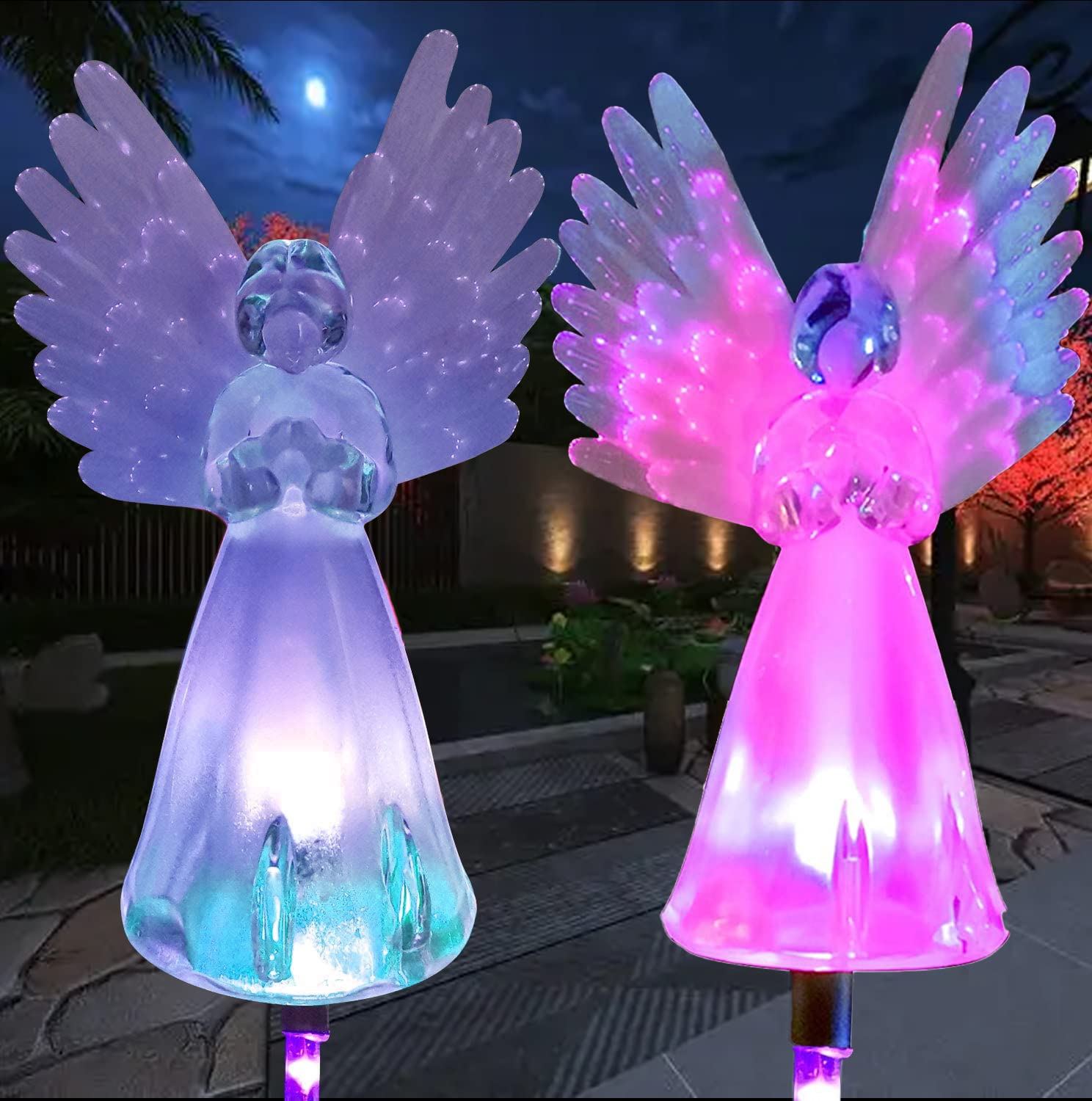 VGE Solar Angel Light stake in the garden showcasing its elegant angel design for serene evenings.