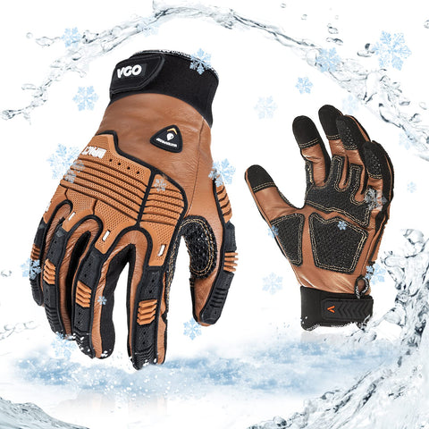 Vgo Winter Work Leather Gloves front view in brown for cold protection.