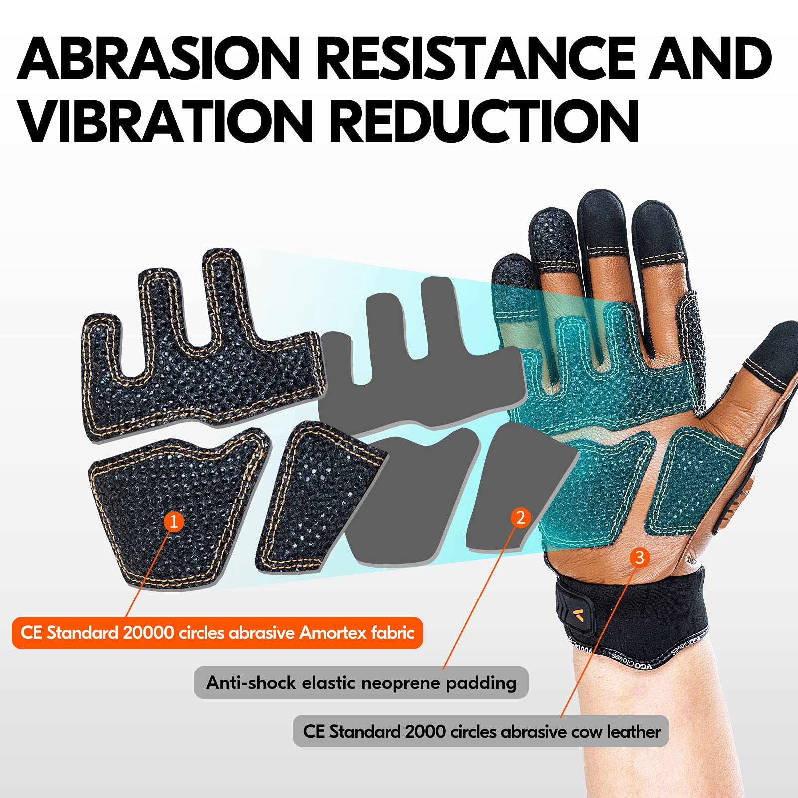 Vgo Winter gloves palm detail showing leather durability and grip.