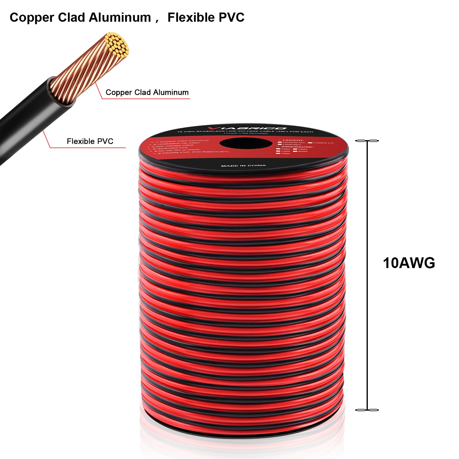 VIABRICO 10AWG black wire spool shows durable PVC insulated cable for LEDs and automotive use.