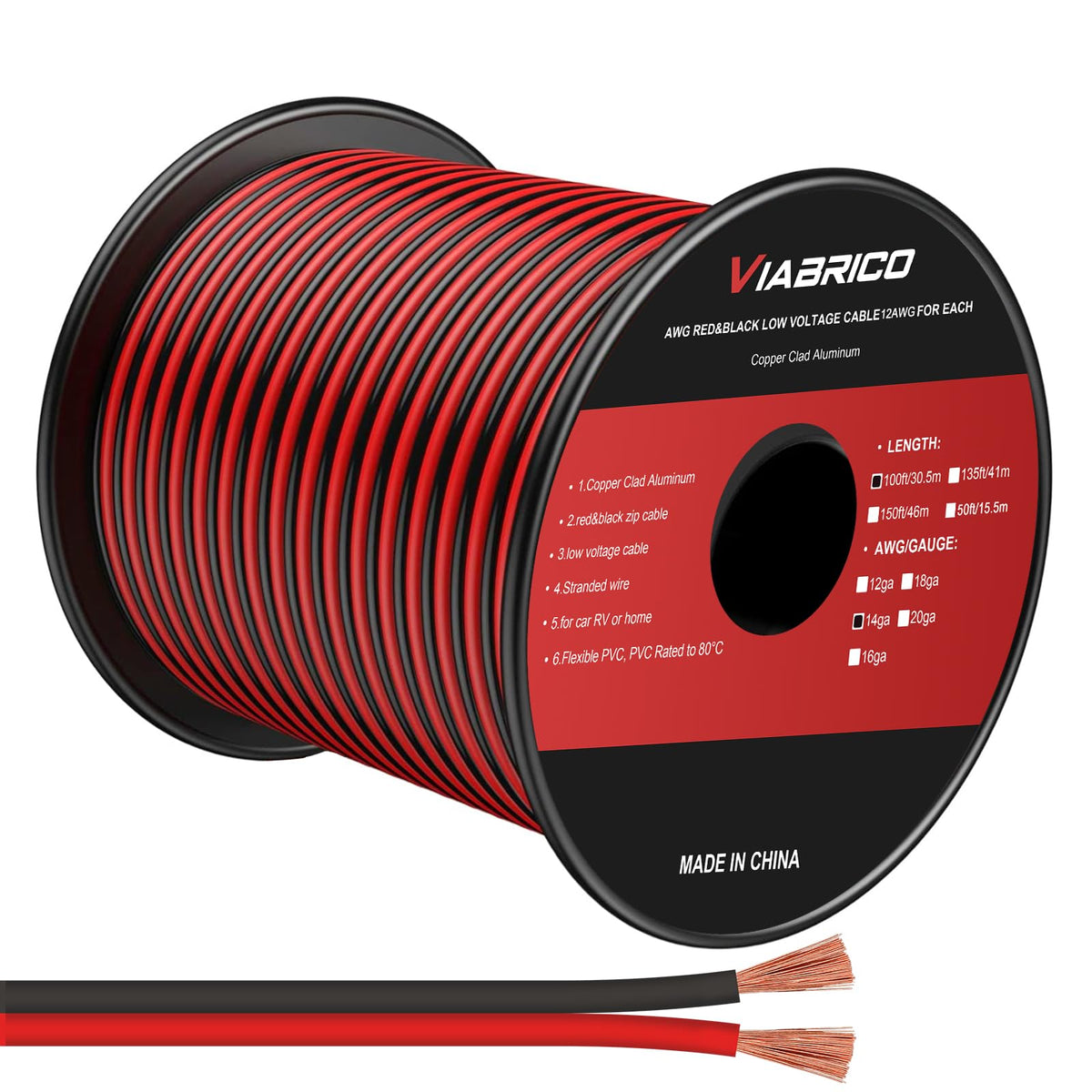 VIABRICO 14AWG red-black wire spool for quick DC wiring and easy color coding