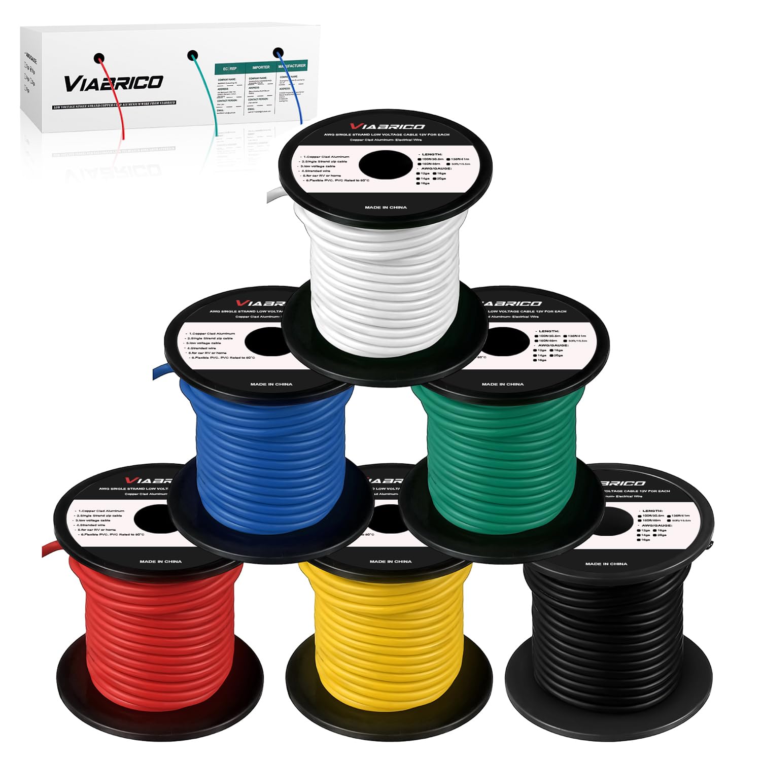 VIABRICO 14 AWG red wire spool with color-coded jacket for easy polarity.