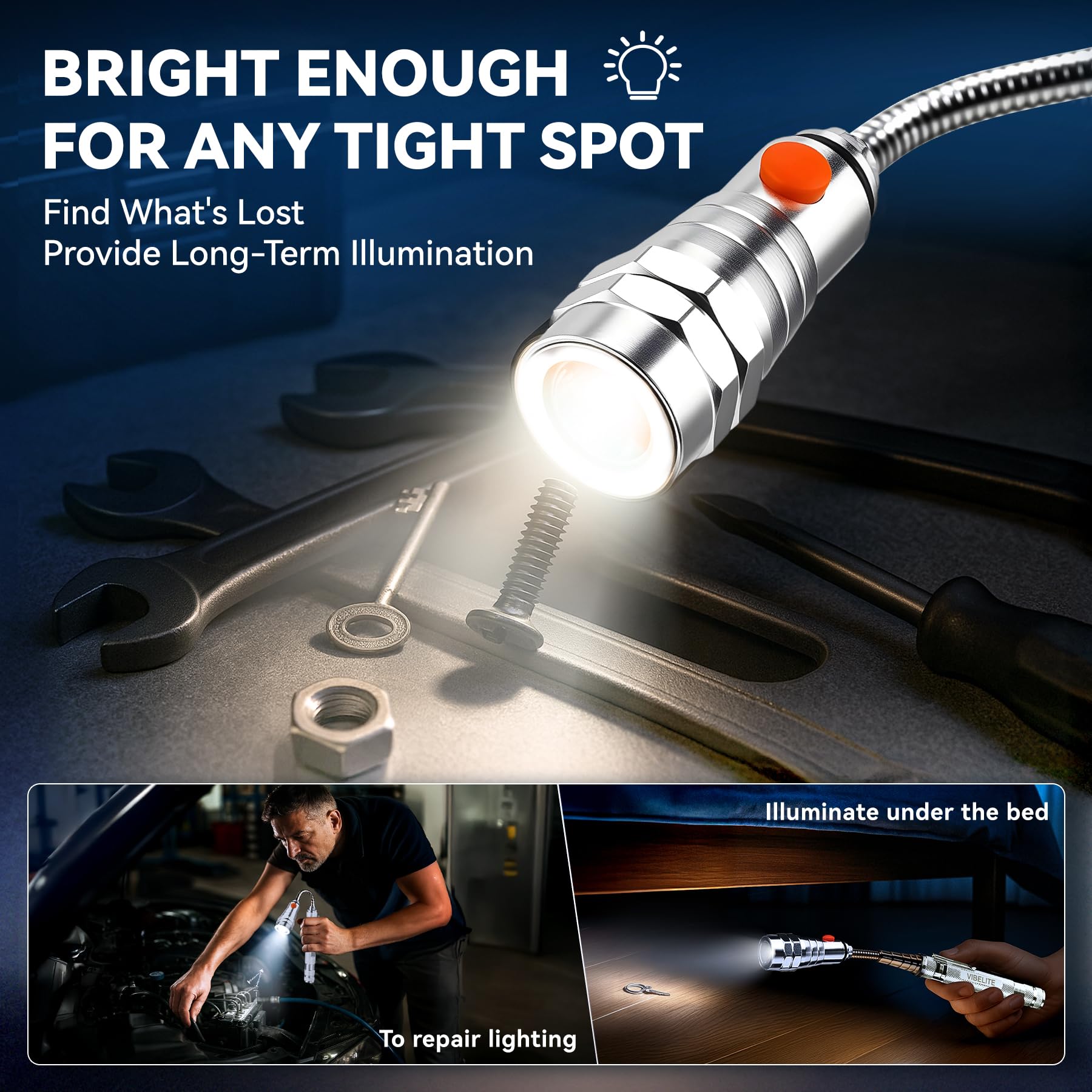 VIBELITE 360-degree flexible neck for precise light angles.