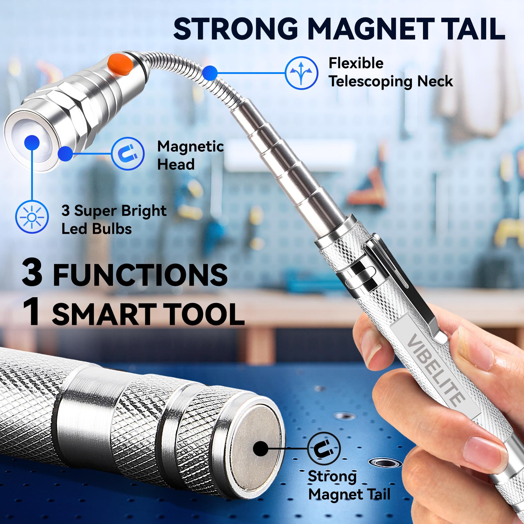 VIBELITE durable aluminum alloy body in silver finish.