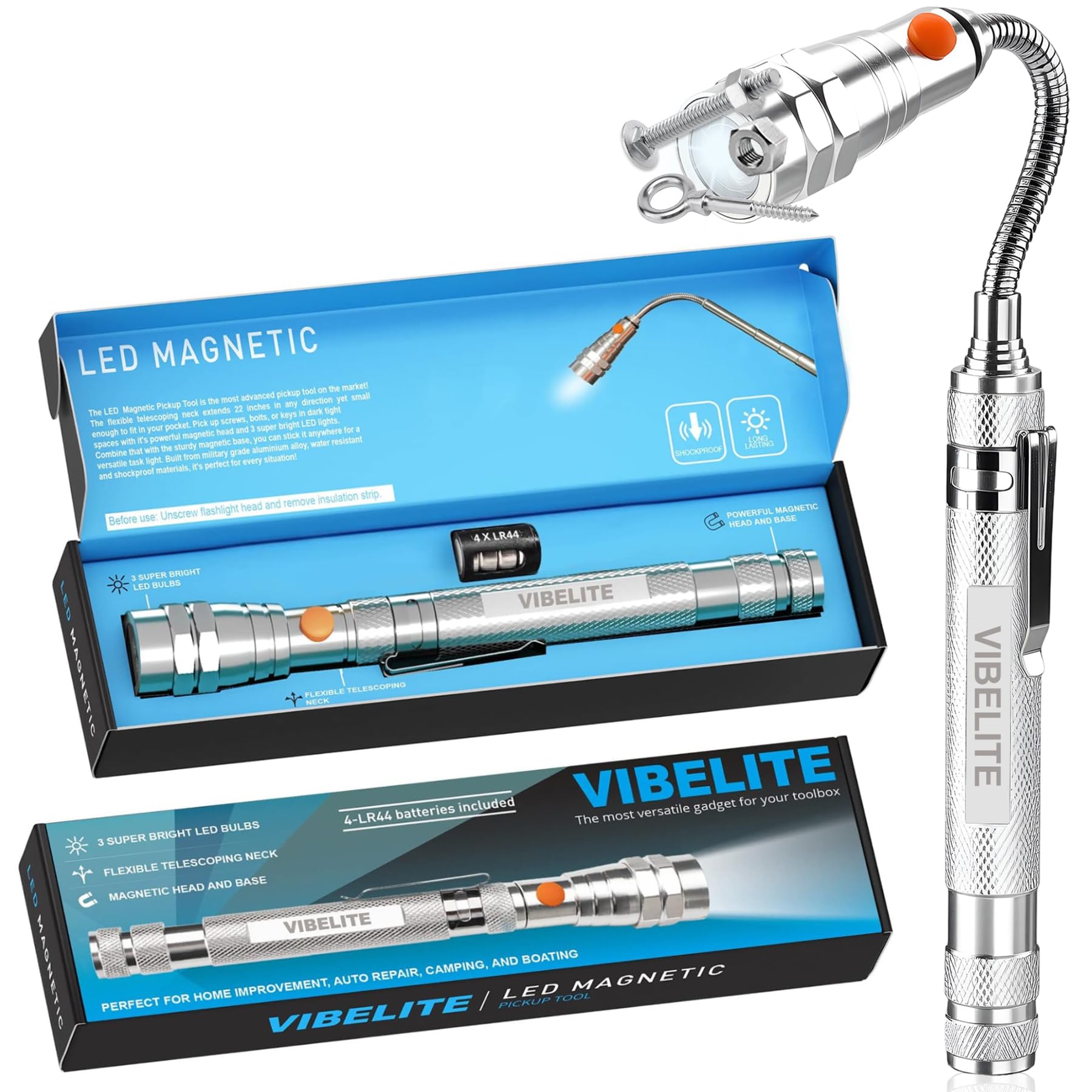 VIBELITE extendable flashlight with 7-22 inch reach for tight spaces.