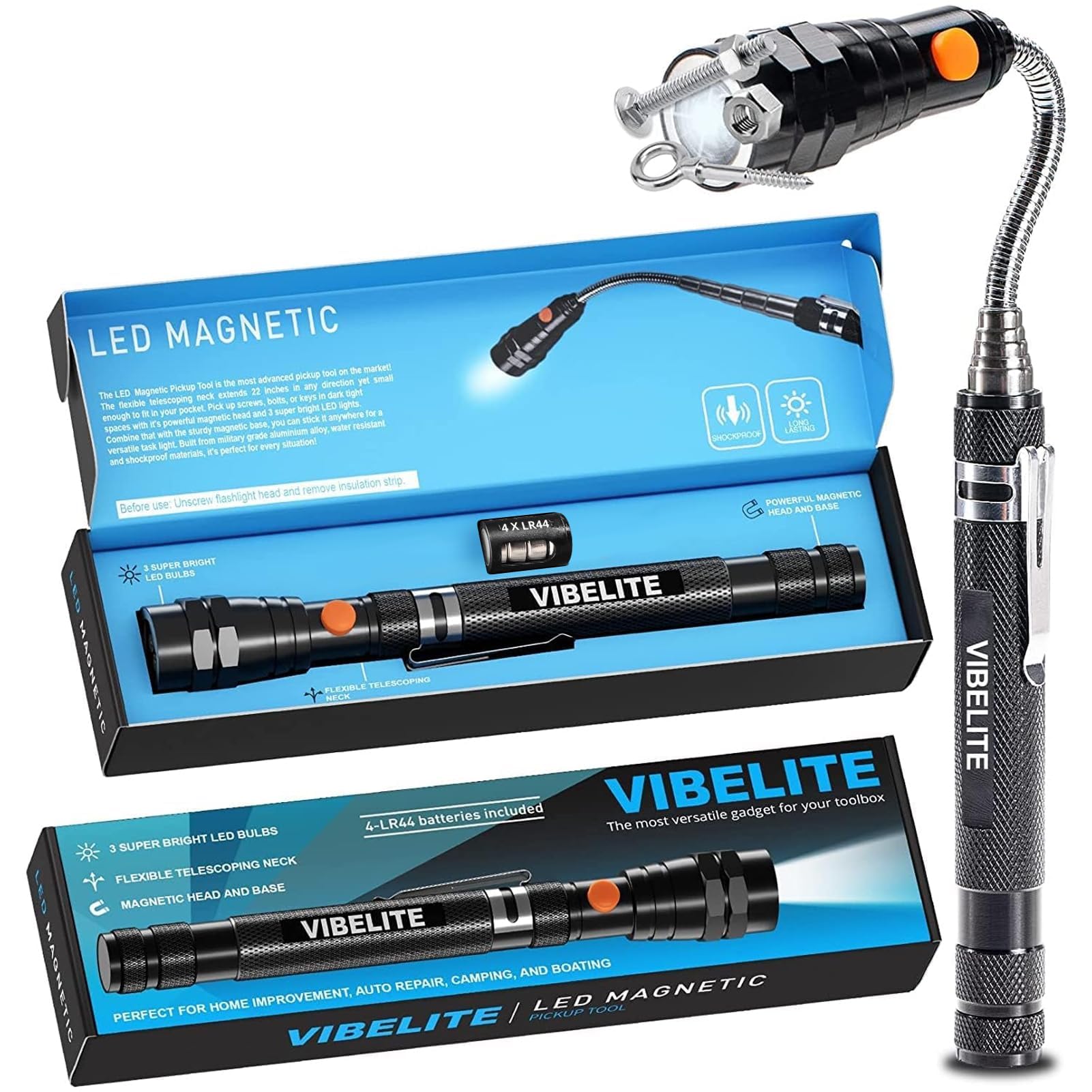 VIBELITE extendable magnetic flashlight with telescoping reach helps reach tight spaces.