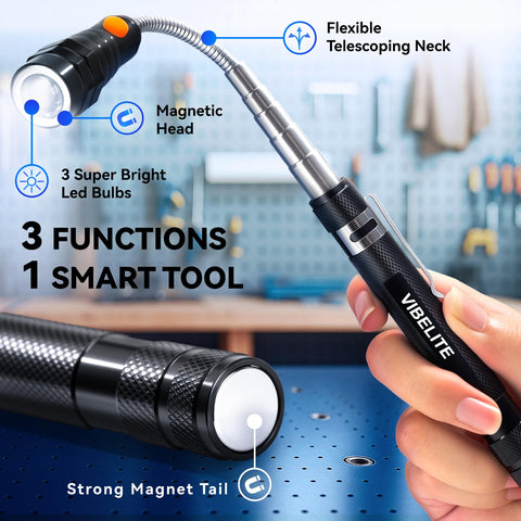 VIBELITE extendable stem tool extending to 22 inches for hard-to-reach tasks.