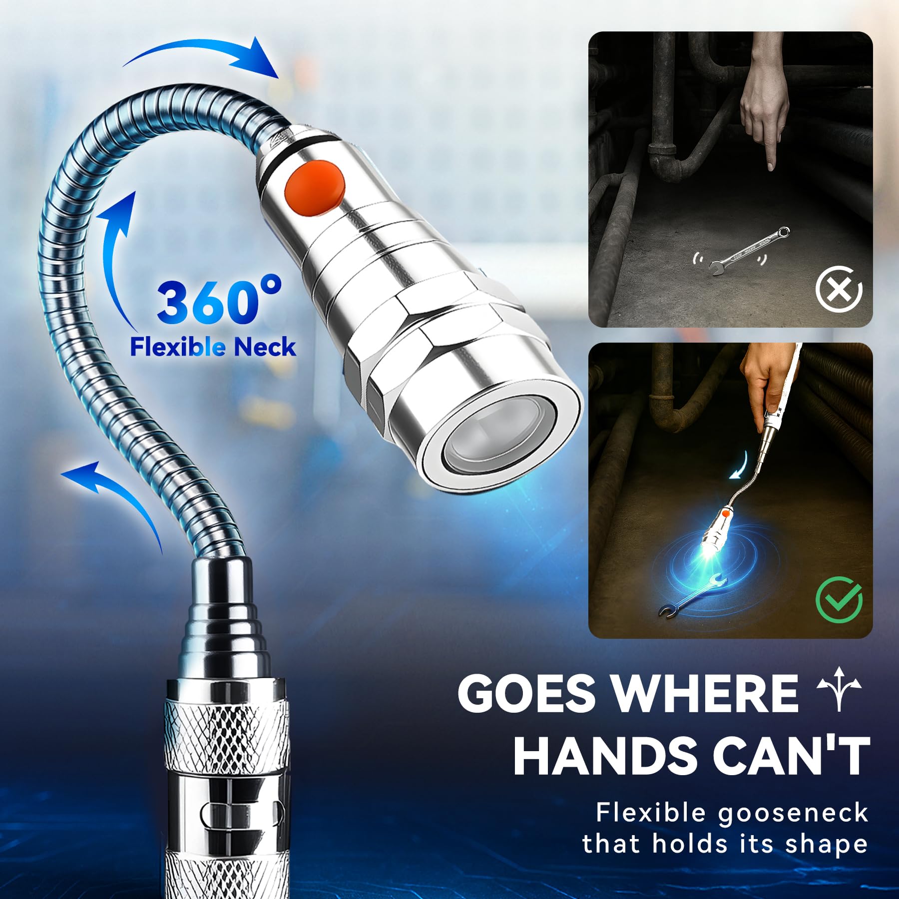 VIBELITE magnetic base and head simplify metal part retrieval.