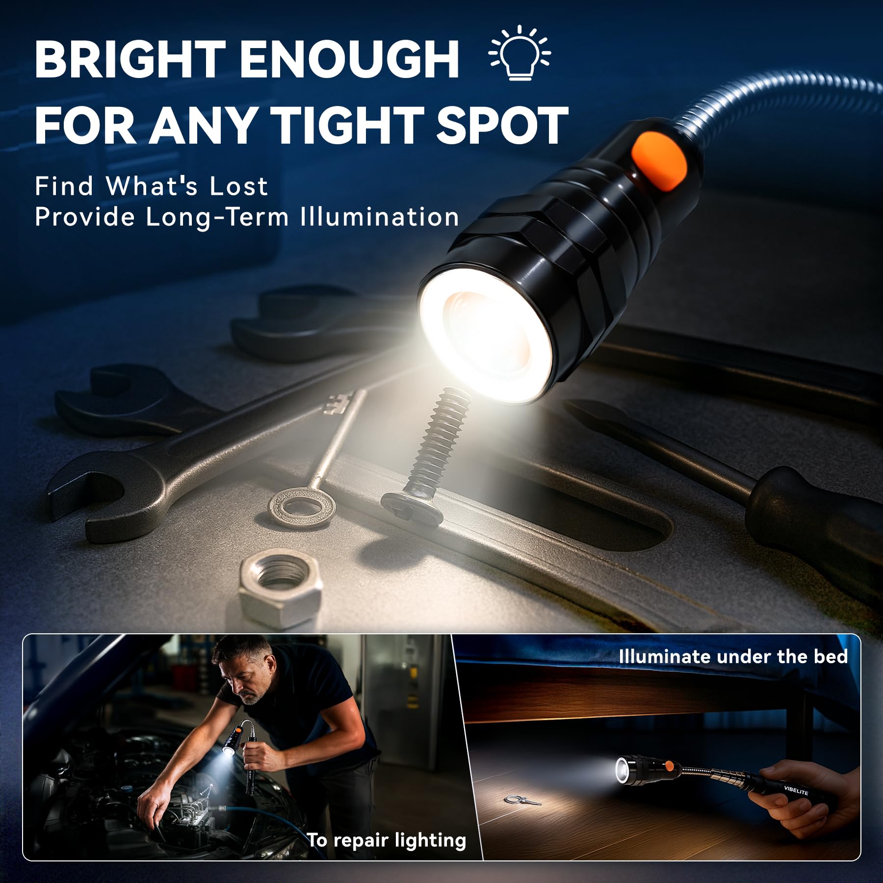 VIBELITE magnetic ends efficiently pick up washers and bolts during repairs.
