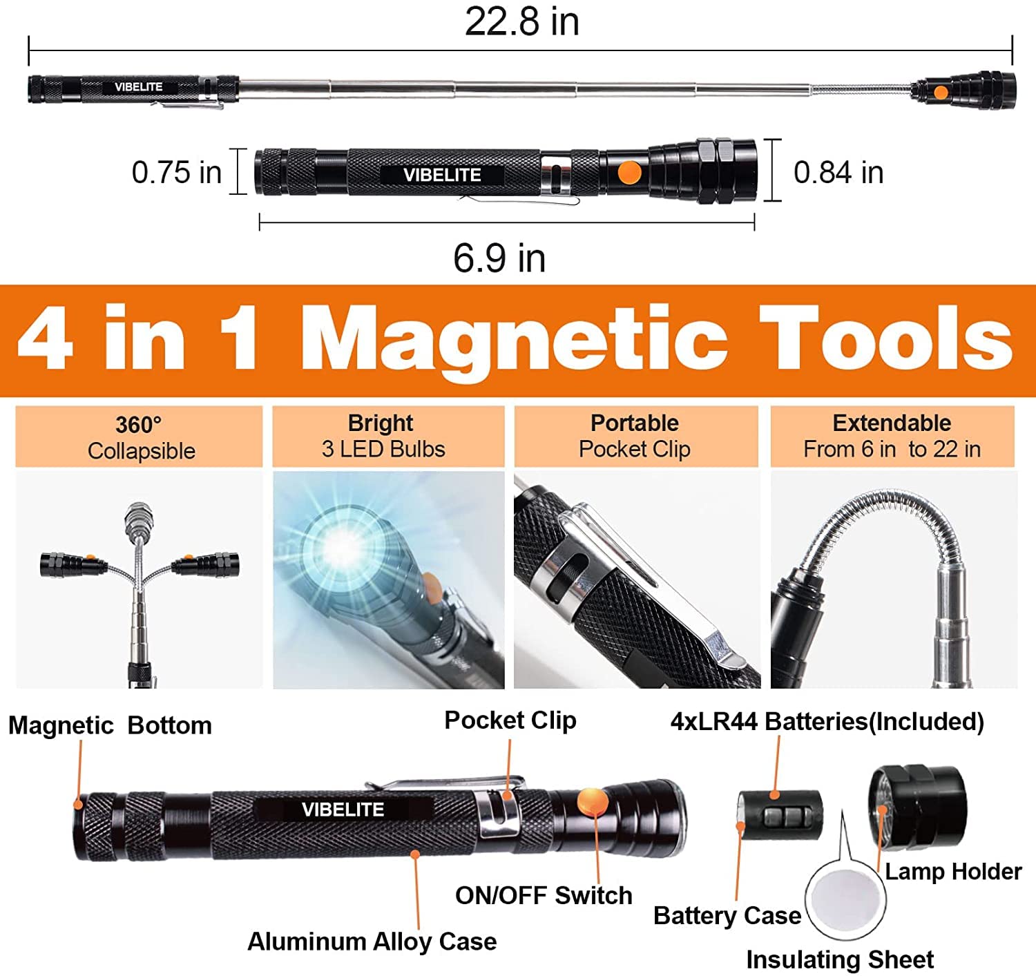 VIBELITE magnetic pickup tool headlight illuminates dark corners during work