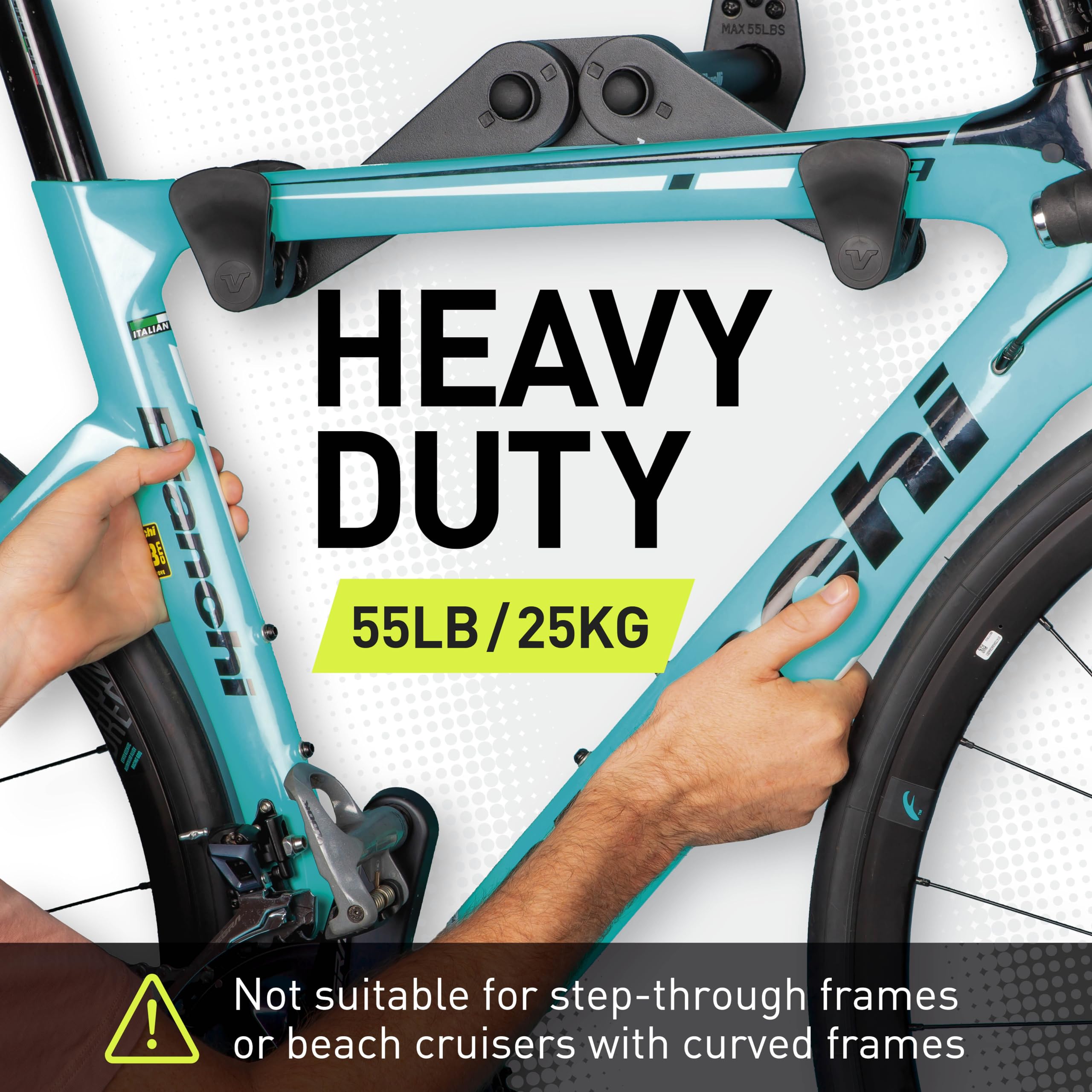Vibrelli adjustable arms with push button fit a wide range of bike frames.