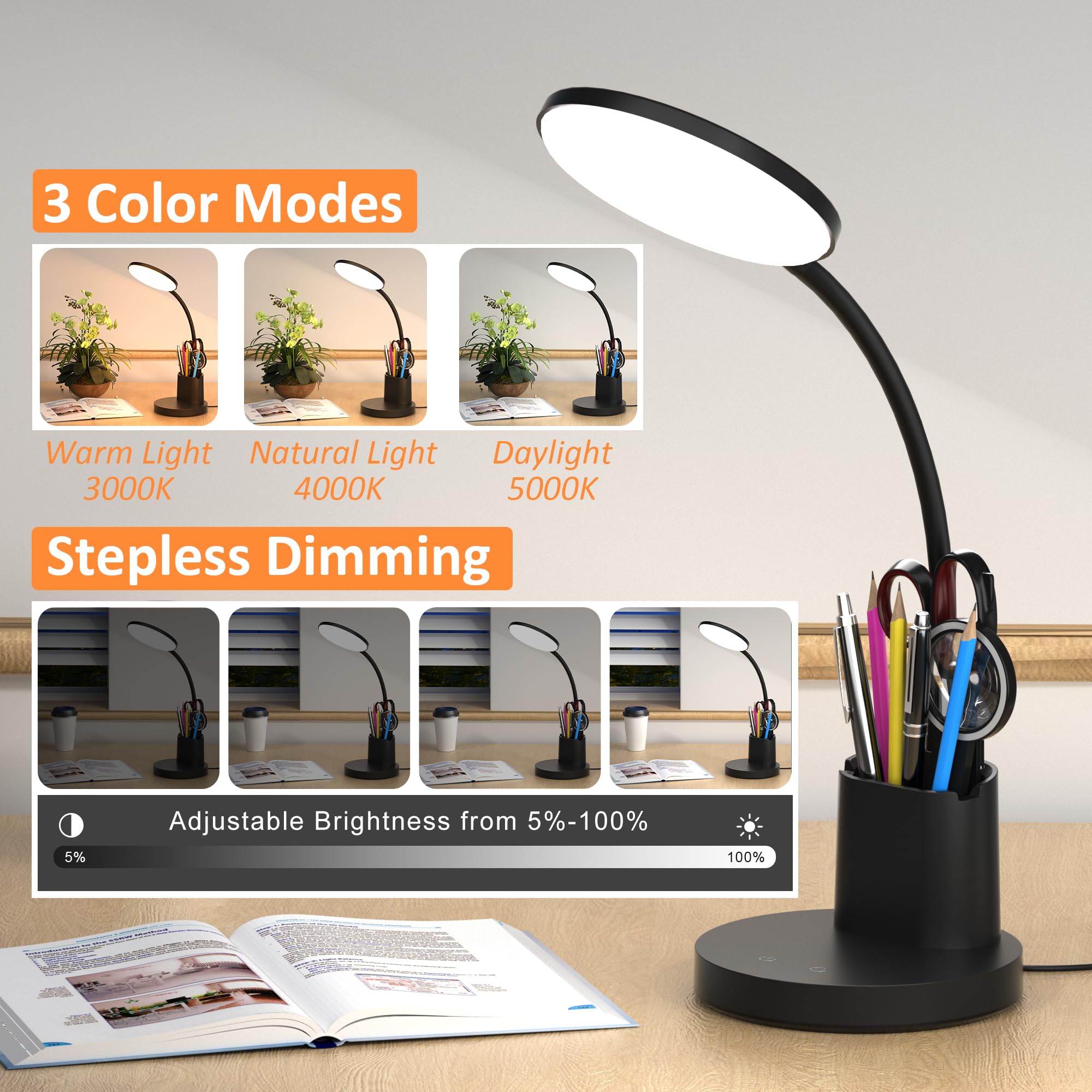 Vicsoon desk lamp with phone holder keeps calls and notes within reach.